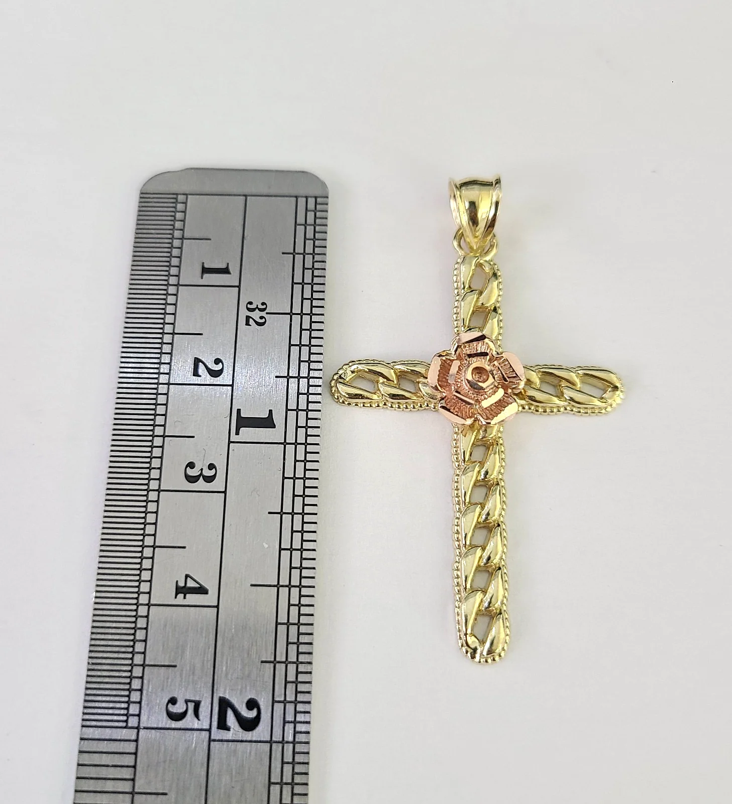 10kt Gold Miami Cuban Chain Jesus Rose Cross Charm Pendant 5mm 18"-28" Necklace - Image 3