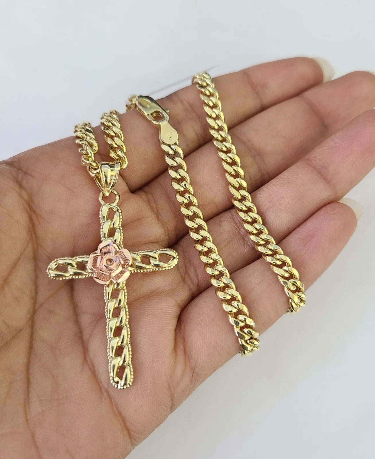 10kt Gold Miami Cuban Chain Jesus Rose Cross Charm Pendant 5mm 18"-28" Necklace - Image 4