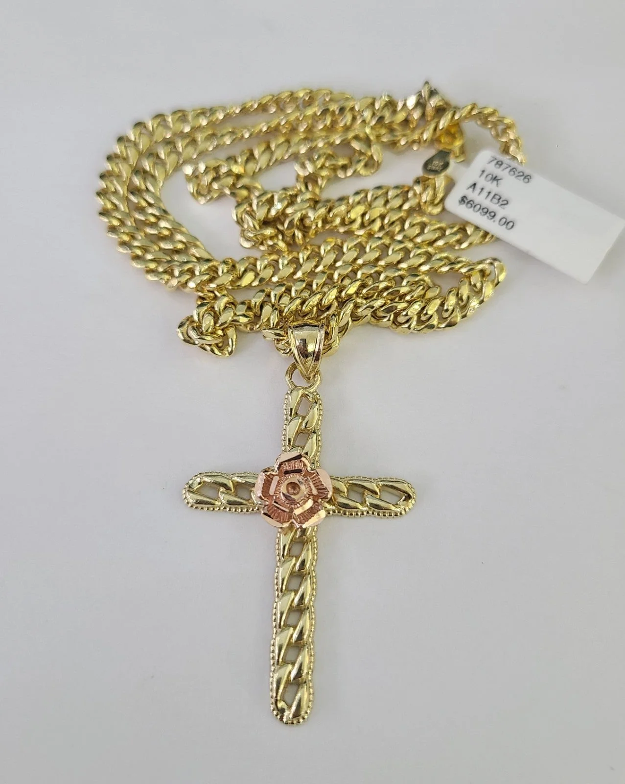 10kt Gold Miami Cuban Chain Jesus Rose Cross Charm Pendant 5mm 18"-28" Necklace - Image 7