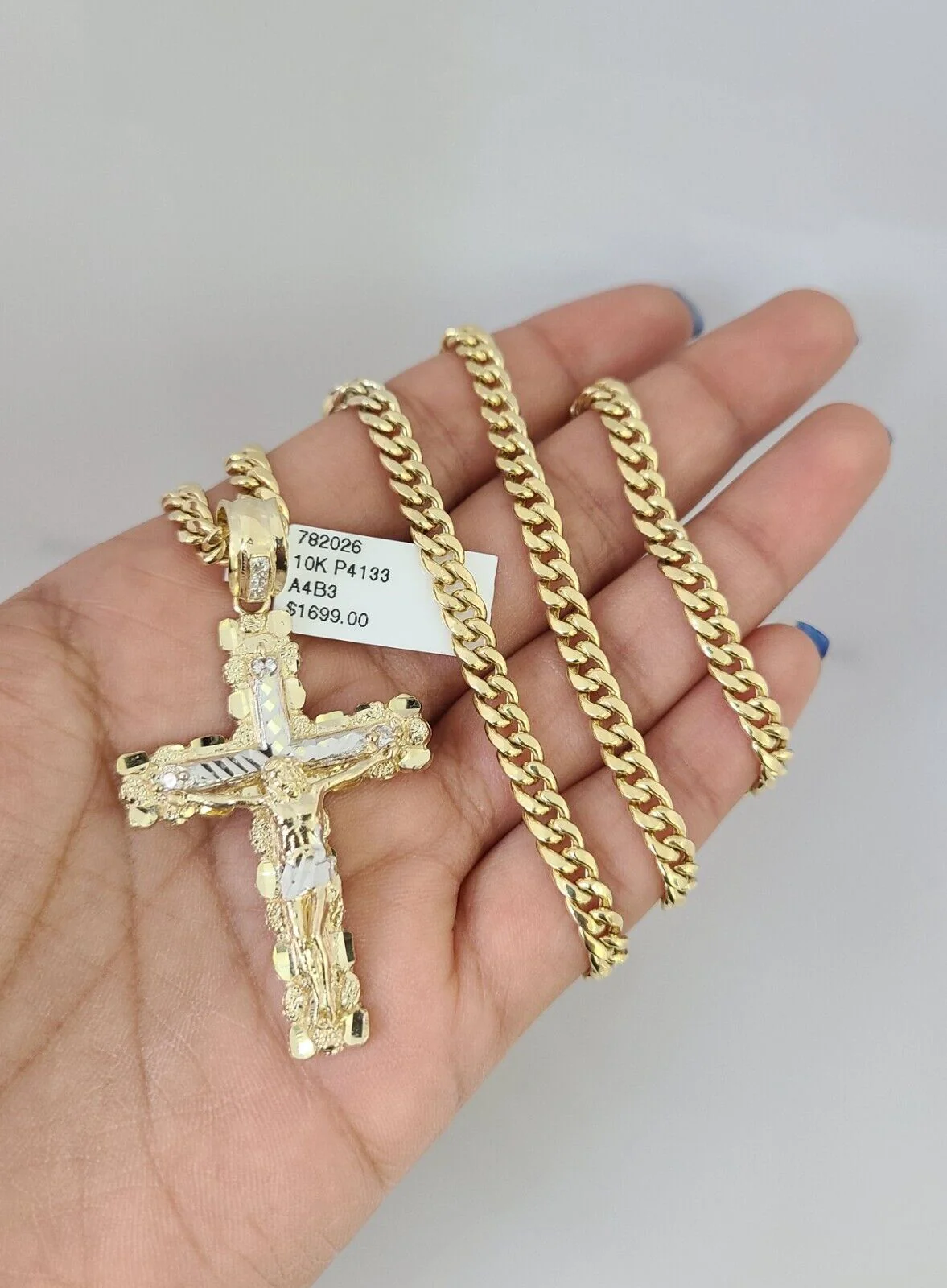 10kt Gold Miami Cuban Chain Nugget Cross Charm Pendant 5mm 18-28Inch Necklace