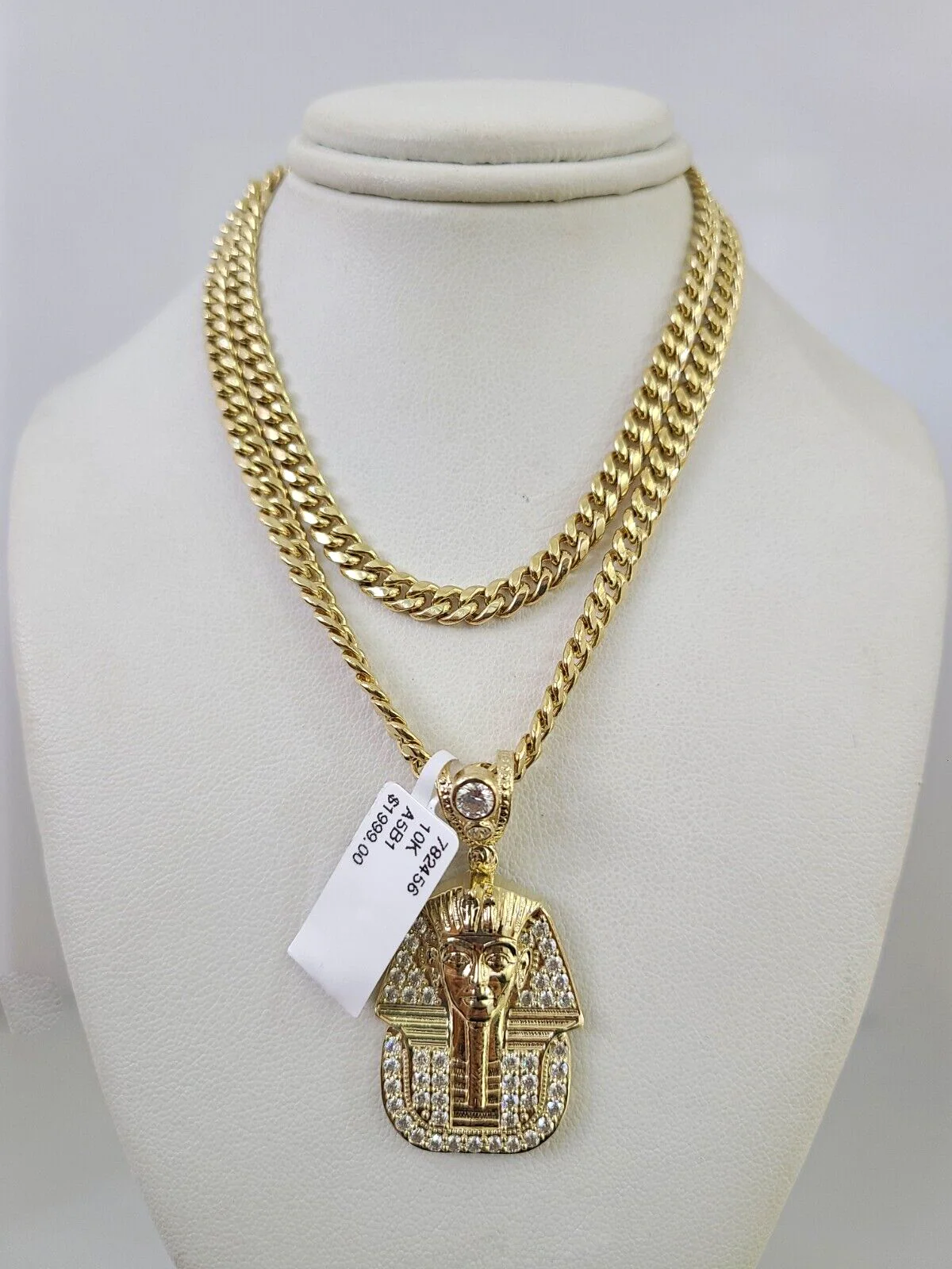 10kt Gold Miami Cuban Chain Pharaoh Charm Pendant 5mm 18-28 Inch Necklace