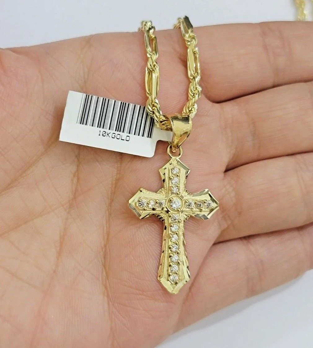 10kt Gold Milano Rope Chain Jesus Cross Charm Pendant Set 18-24'' Inch Necklace - Image 6
