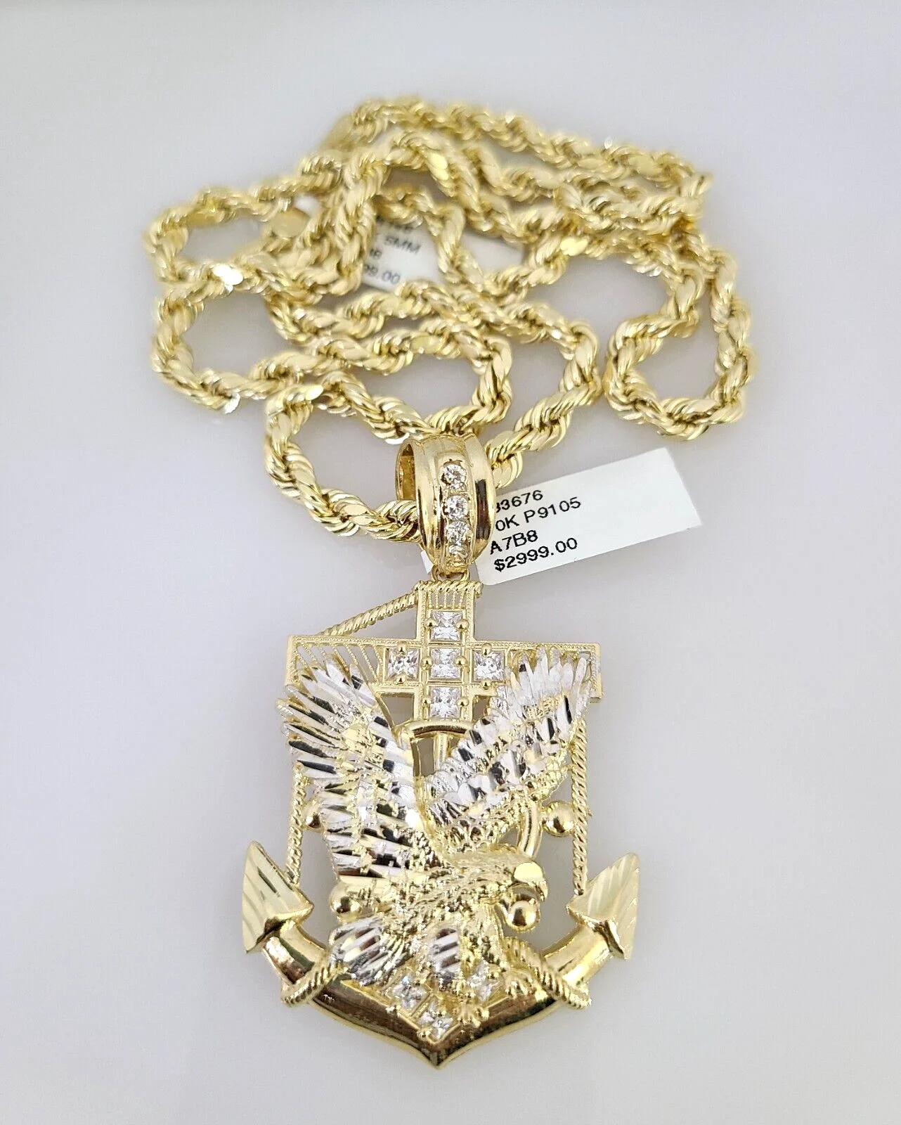 10kt Gold Rope Chain Eagle Anchor Pendant Charm Set 18"-30'' Inch 5mm Necklace - Image 3