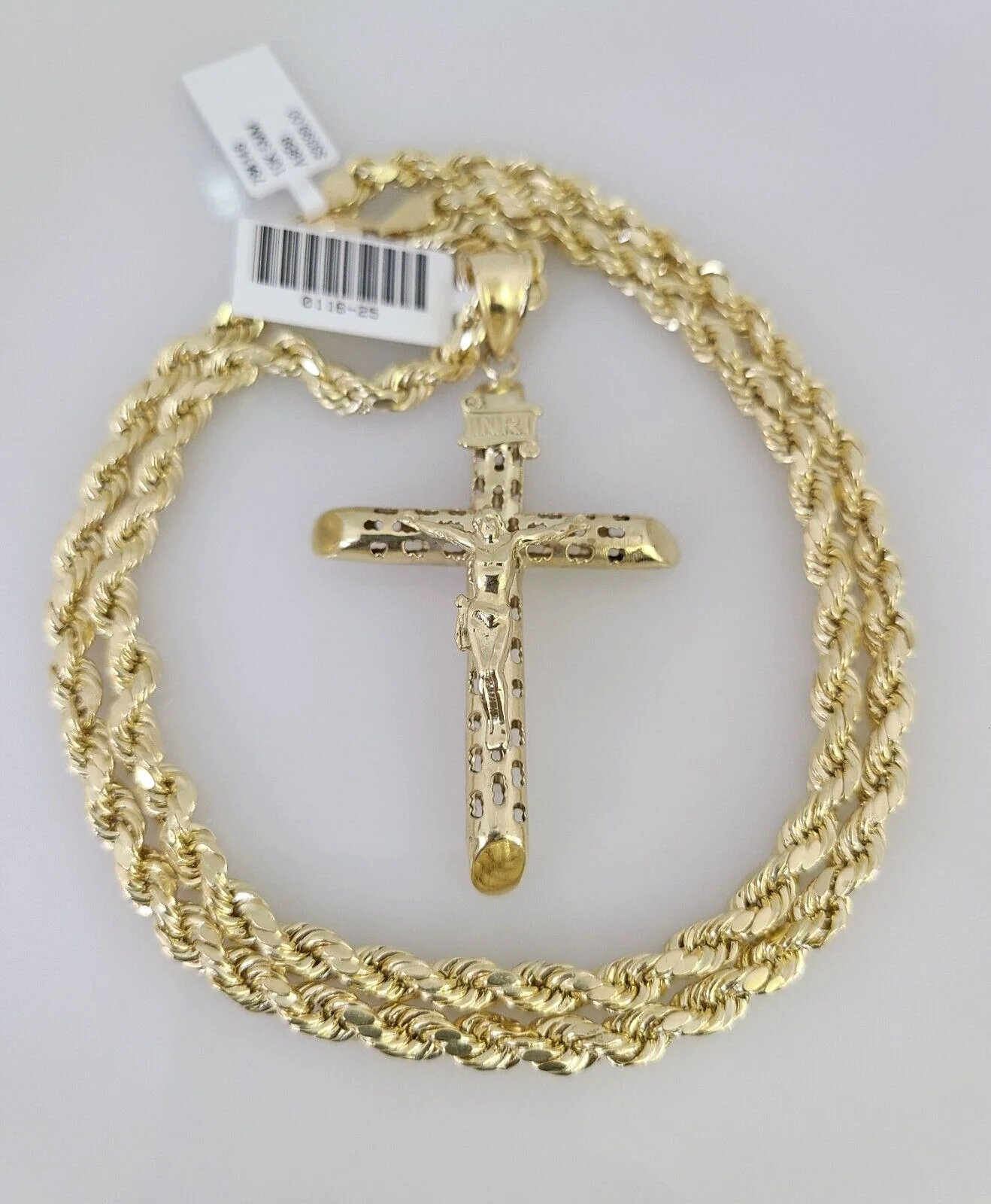 10kt Gold Rope Chain INRI Jesus Cross Charm Set 18"-30'' Inch 5mm Necklace