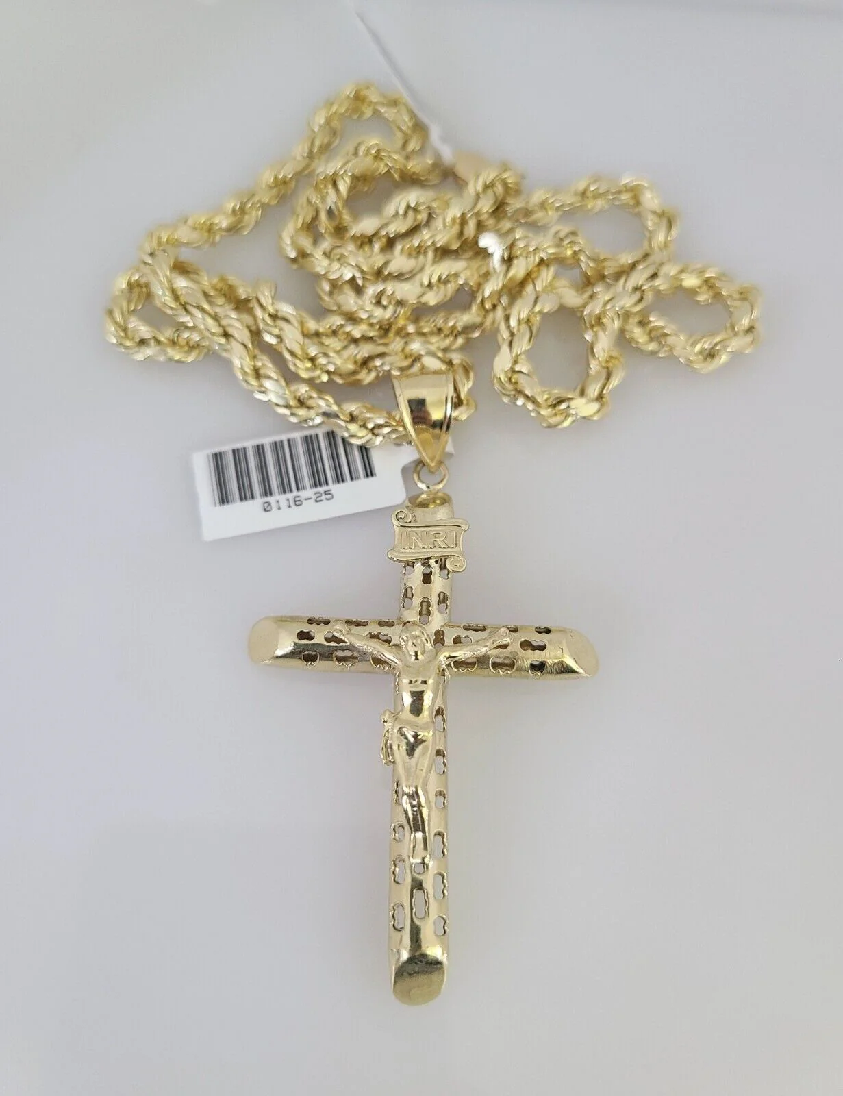 10kt Gold Rope Chain INRI Jesus Cross Charm Set 18"-30'' Inch 5mm Necklace - Image 3