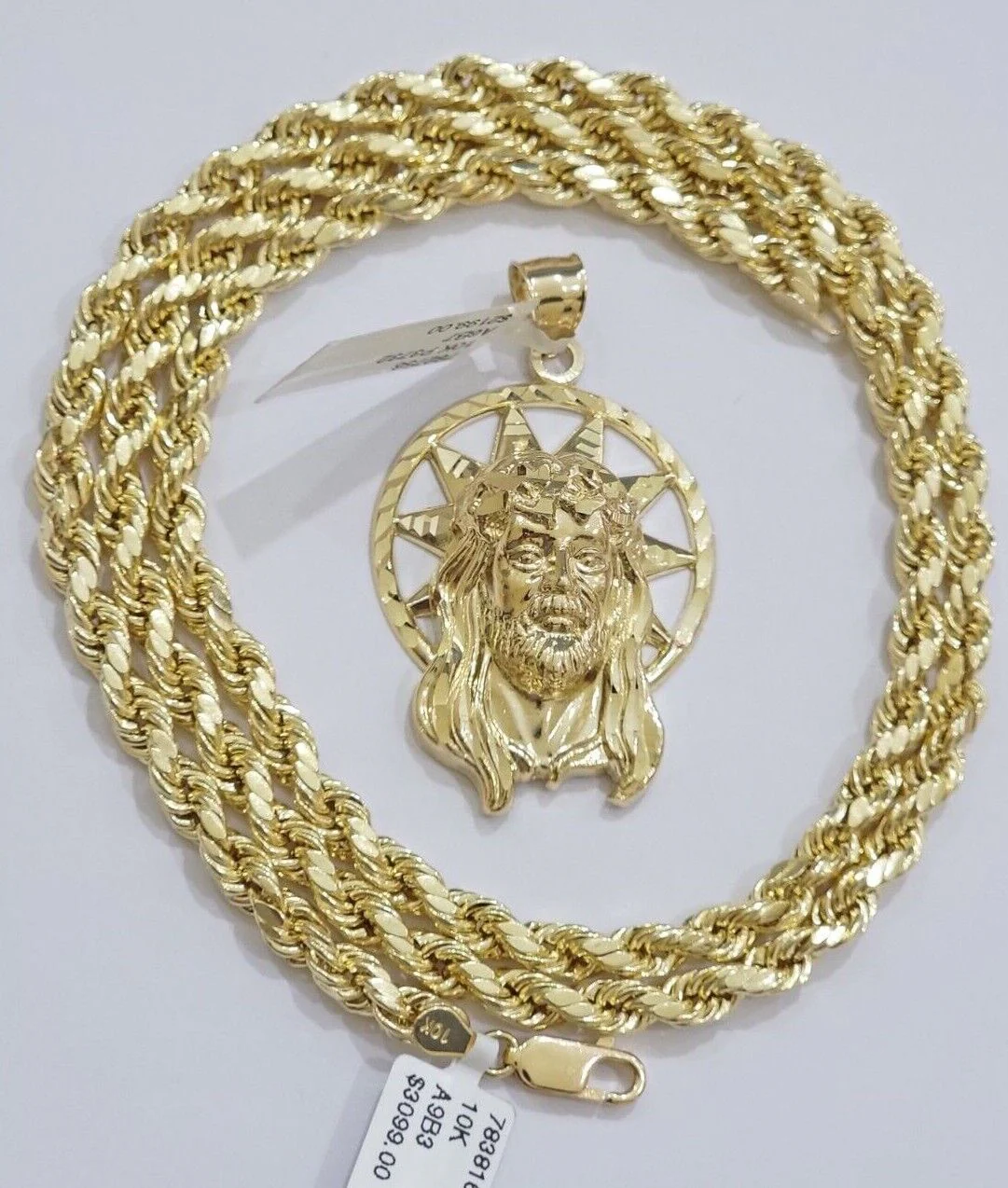 10kt Gold Rope Chain Jesus Head Charm Pendant Set 18-30'' Inch 5mm Necklace SALE - Image 2