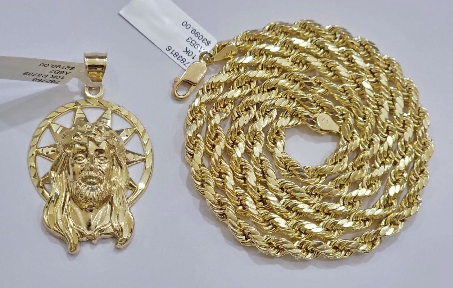 10kt Gold Rope Chain Jesus Head Charm Pendant Set 18-30'' Inch 5mm Necklace SALE - Image 8