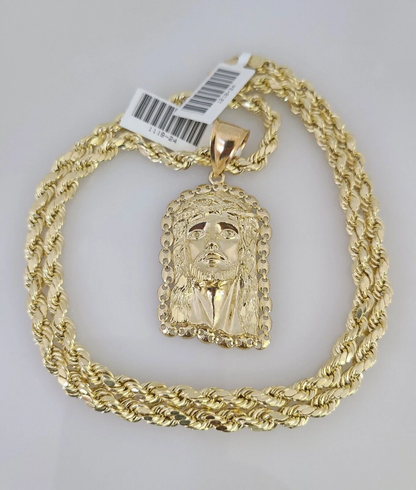 10kt Gold Rope Chain Jesus Head Pendant Charm Set 18"-30'' Inch 5mm Necklace - Image 2