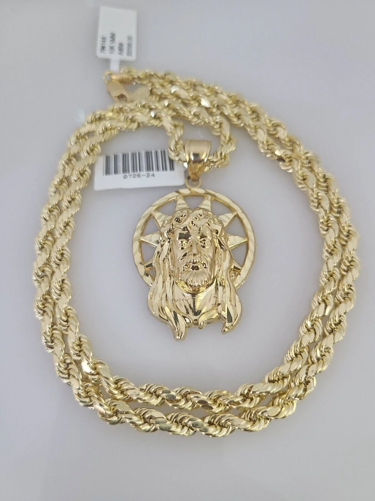 10kt Gold Rope Chain Jesus Head Pendant Charm Set 18"-30'' Inch 5mm Necklace