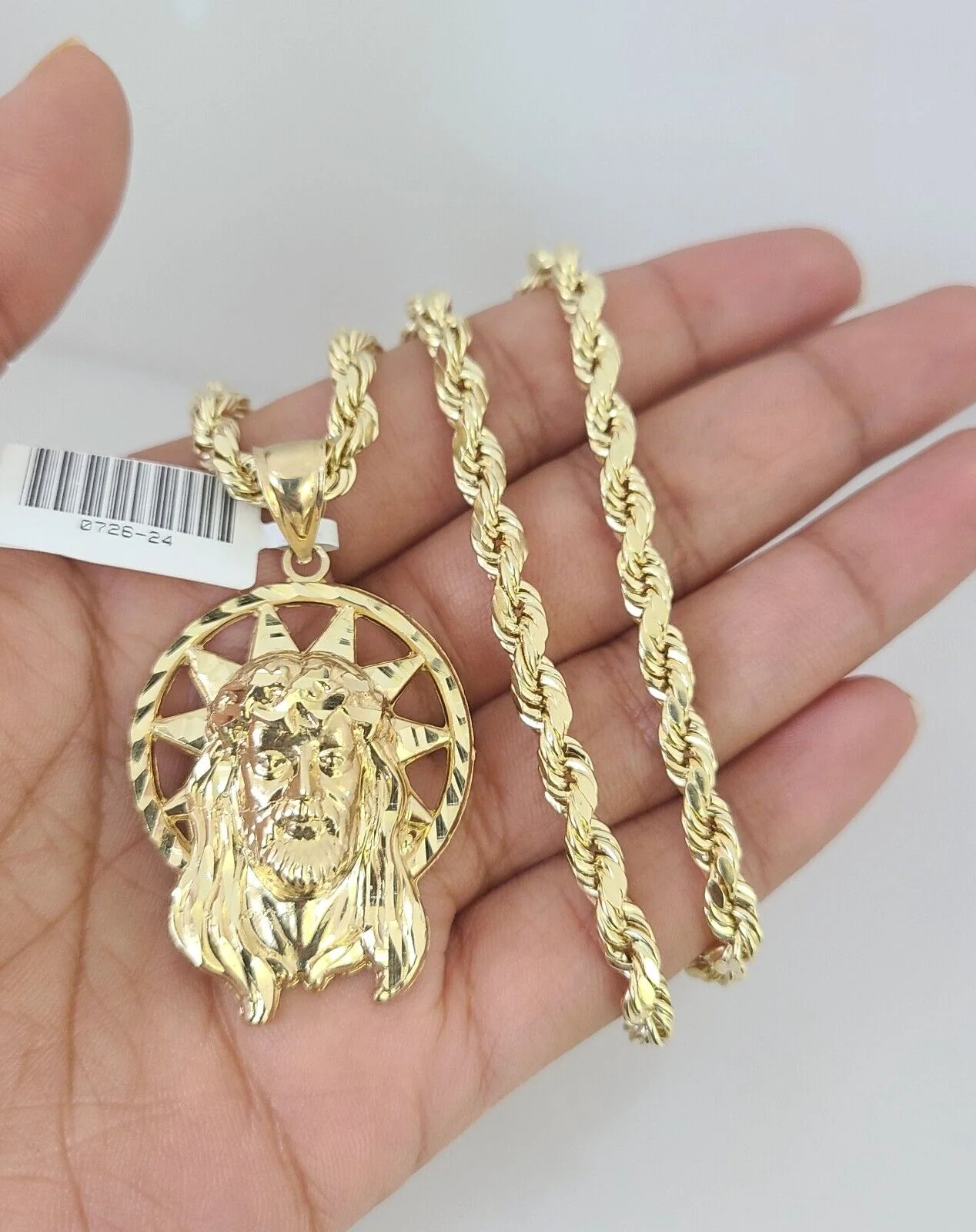 10kt Gold Rope Chain Jesus Head Pendant Charm Set 18"-30'' Inch 5mm Necklace - Image 2