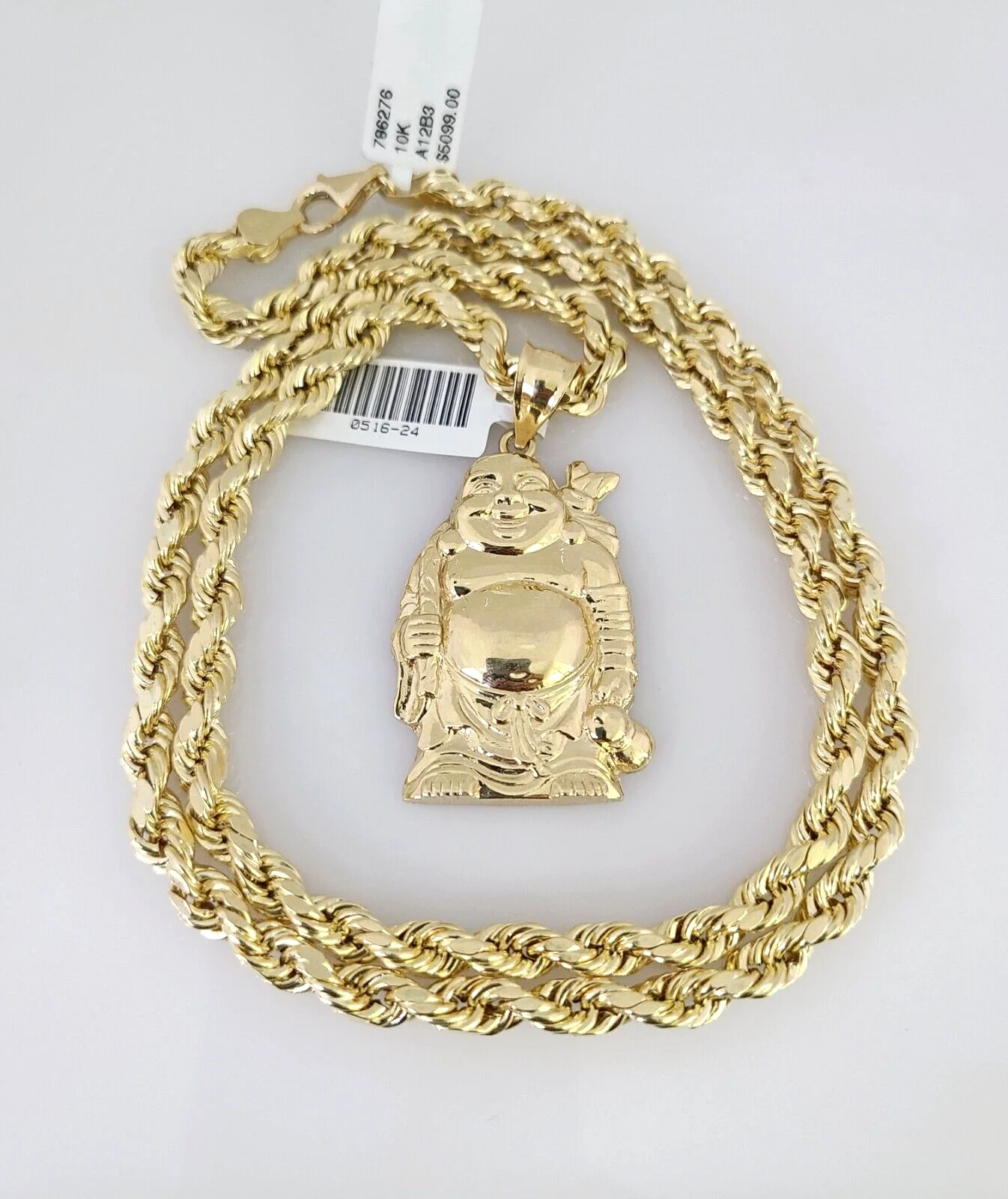 10kt Gold Rope Chain Laughing Buddha Pendant Set 18"-30'' Inch 6mm Necklace