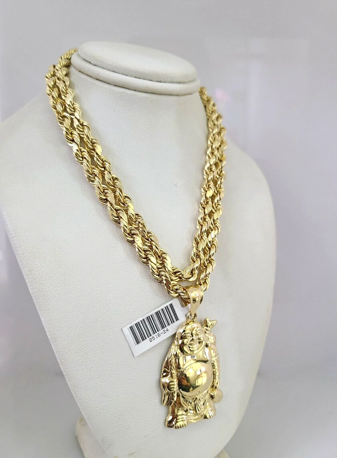 10kt Gold Rope Chain Laughing Buddha Pendant Set 18"-30'' Inch 6mm Necklace - Image 4