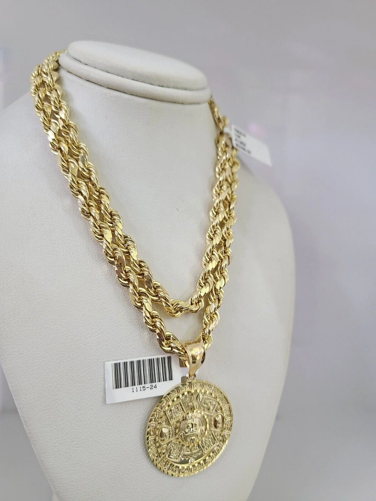 10kt Gold Rope Chain Mayan Calendar Charm Set 18"-30'' Inch 6mm Necklace Pendant - Image 4
