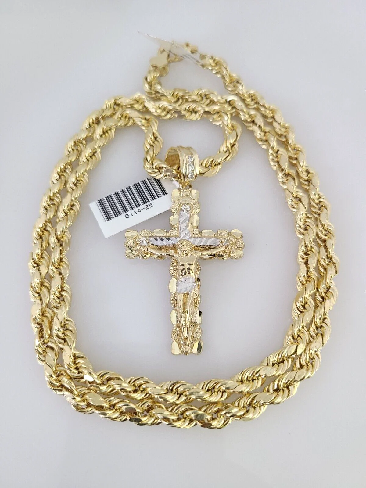 10kt Gold Rope Chain Nugget Cross Charm Set 18"-30'' Inch 6mm Necklace Pendant