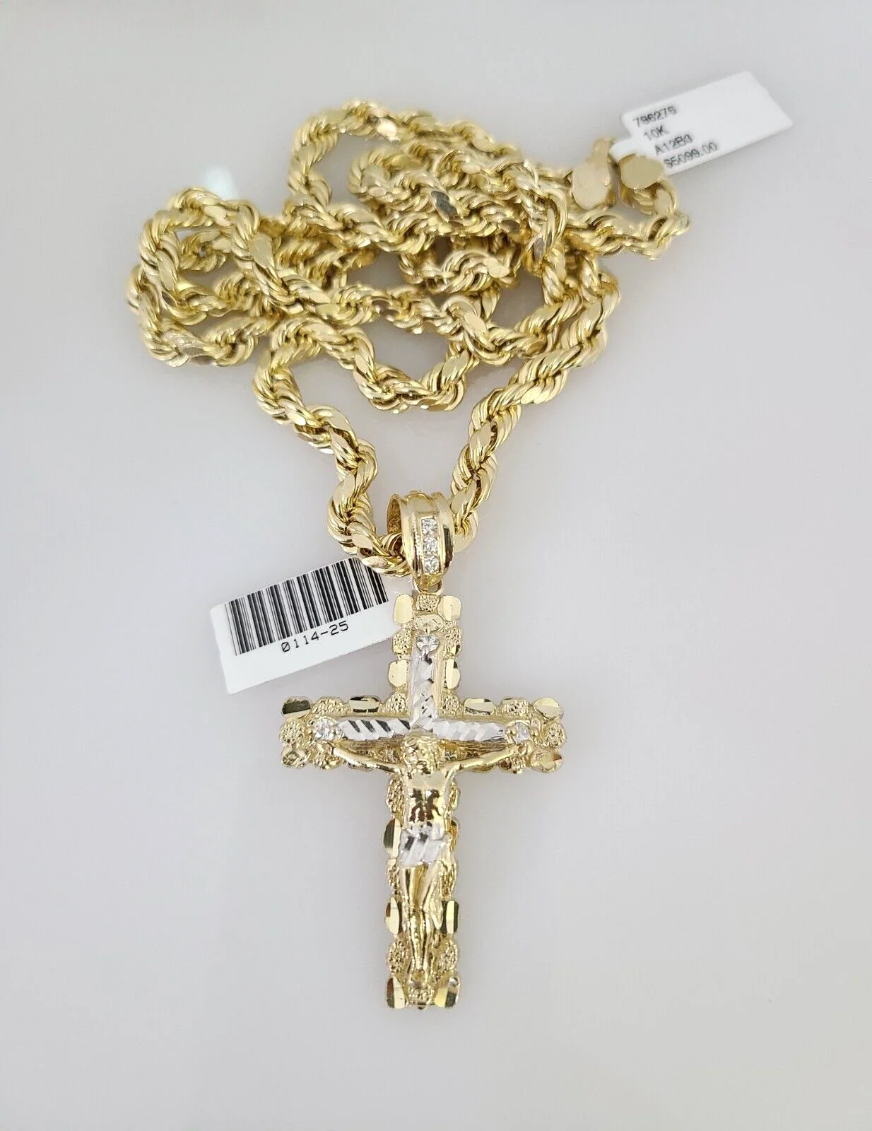 10kt Gold Rope Chain Nugget Cross Charm Set 18"-30'' Inch 6mm Necklace Pendant - Image 4