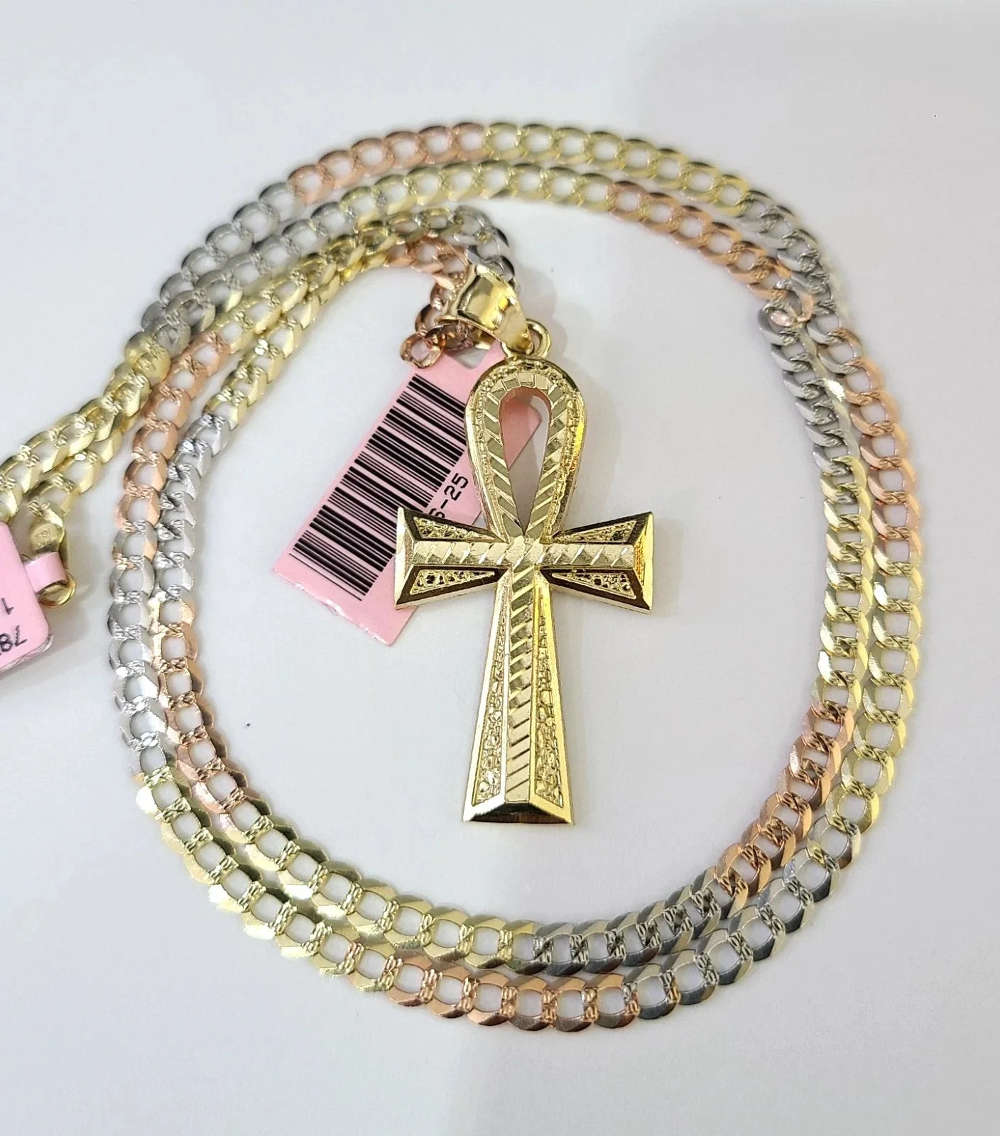 14k Chain Ankh Cross Pendant Charm Solid TriColor Cuban Curb 4mm 18"-28" Inch - Image 2