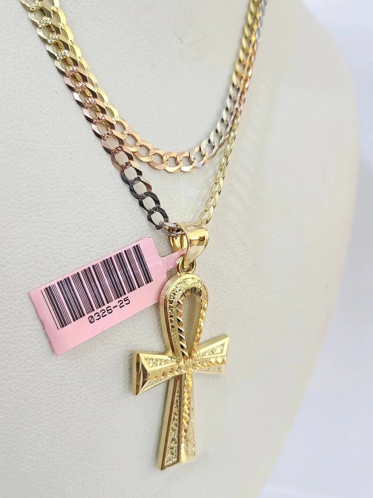 14k Chain Ankh Cross Pendant Charm Solid TriColor Cuban Curb 4mm 18"-28" Inch - Image 3
