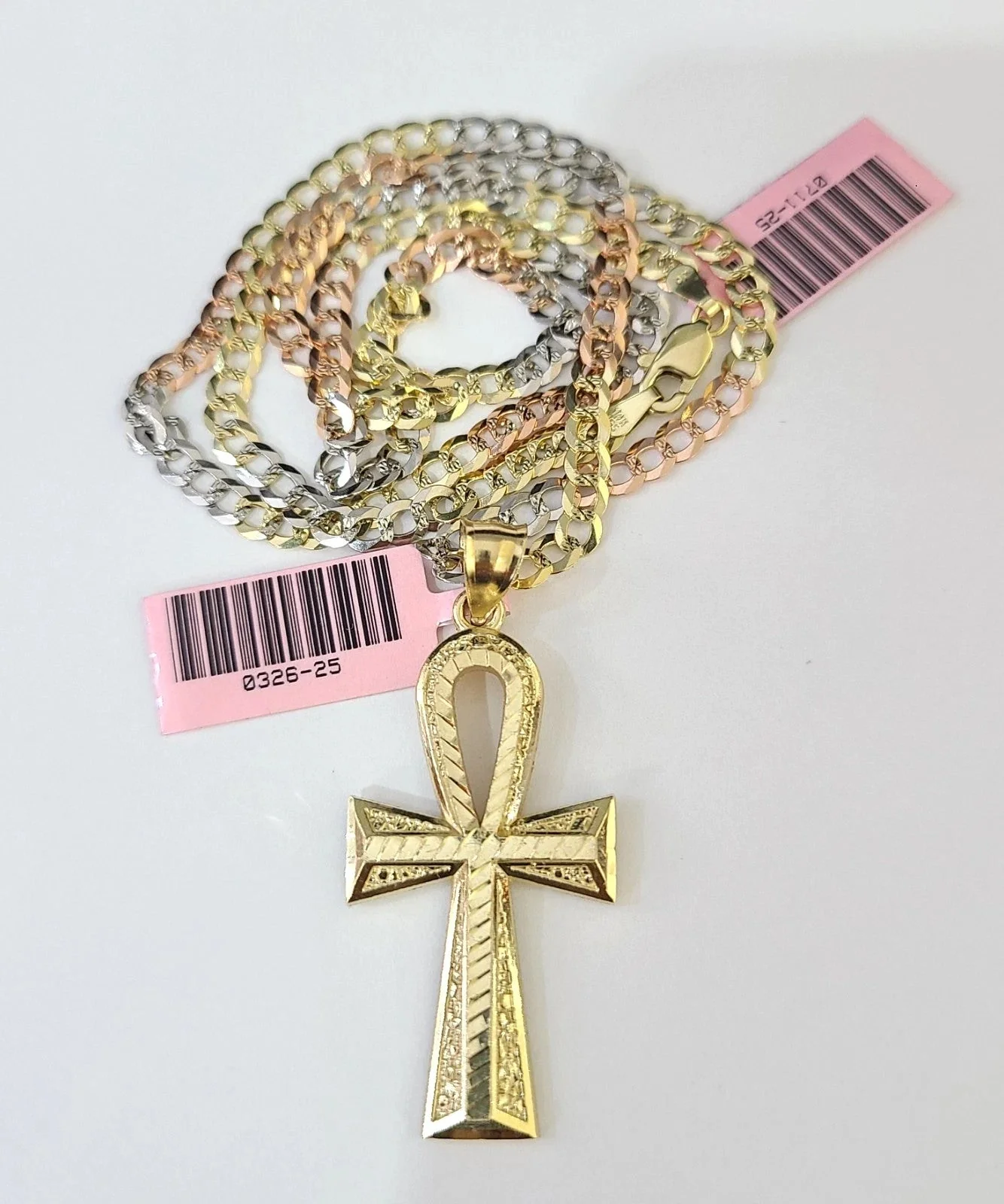 14k Chain Ankh Cross Pendant Charm Solid TriColor Cuban Curb 4mm 18"-28" Inch - Image 4
