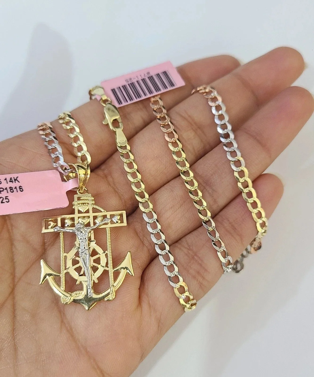 14k Chain Jesus Anchor Pendant Solid TriColor Cuban Curb Link 4mm 18"-28" Inch