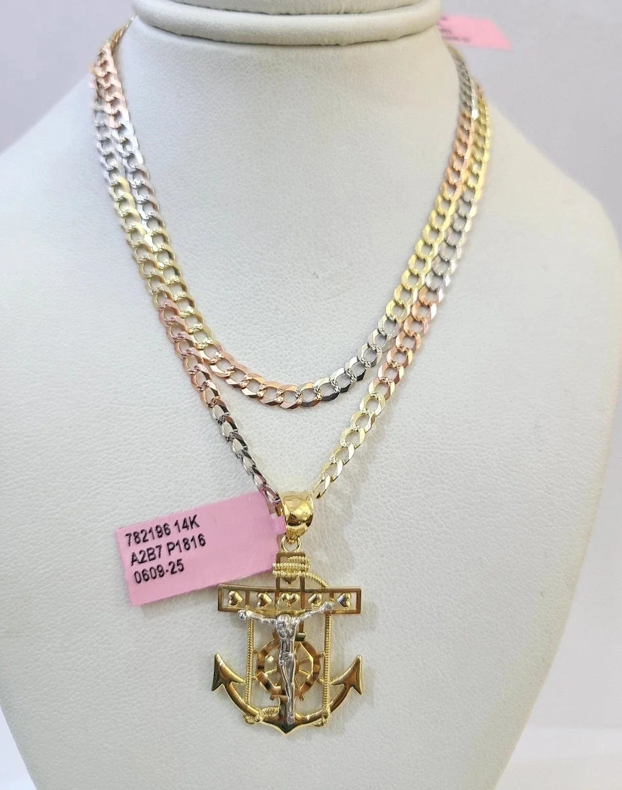 14k Chain Jesus Anchor Pendant Solid TriColor Cuban Curb Link 4mm 18"-28" Inch - Image 6