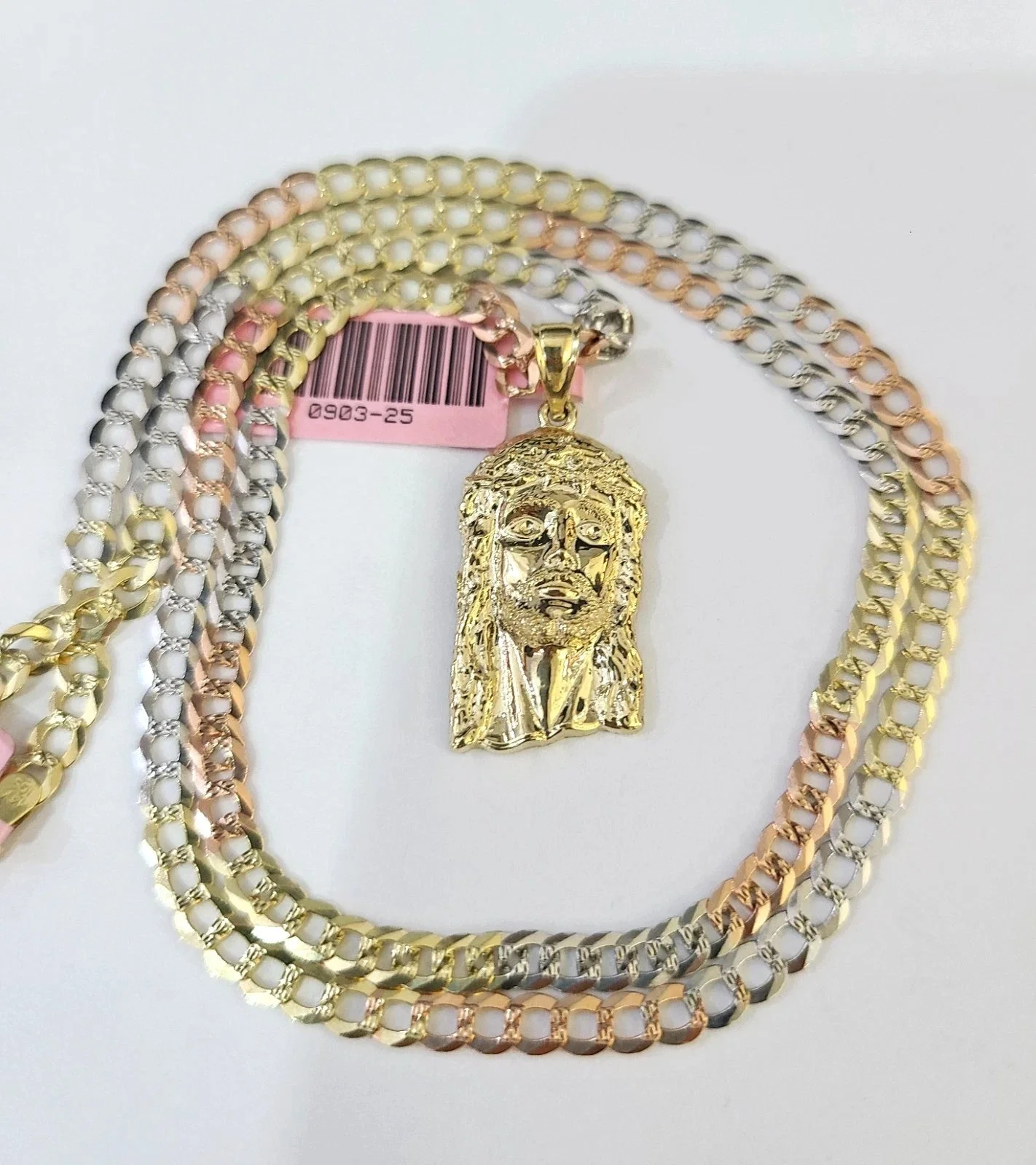 14k Chain Jesus Head Pendant Solid TriColor Cuban Curb Link 4mm 18"-28" Inch - Image 2
