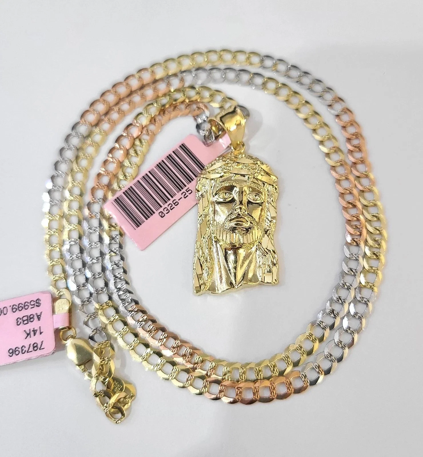 14k Chain Jesus Head Pendant Solid TriColor Cuban Curb Link 4mm 18"-28" Inch