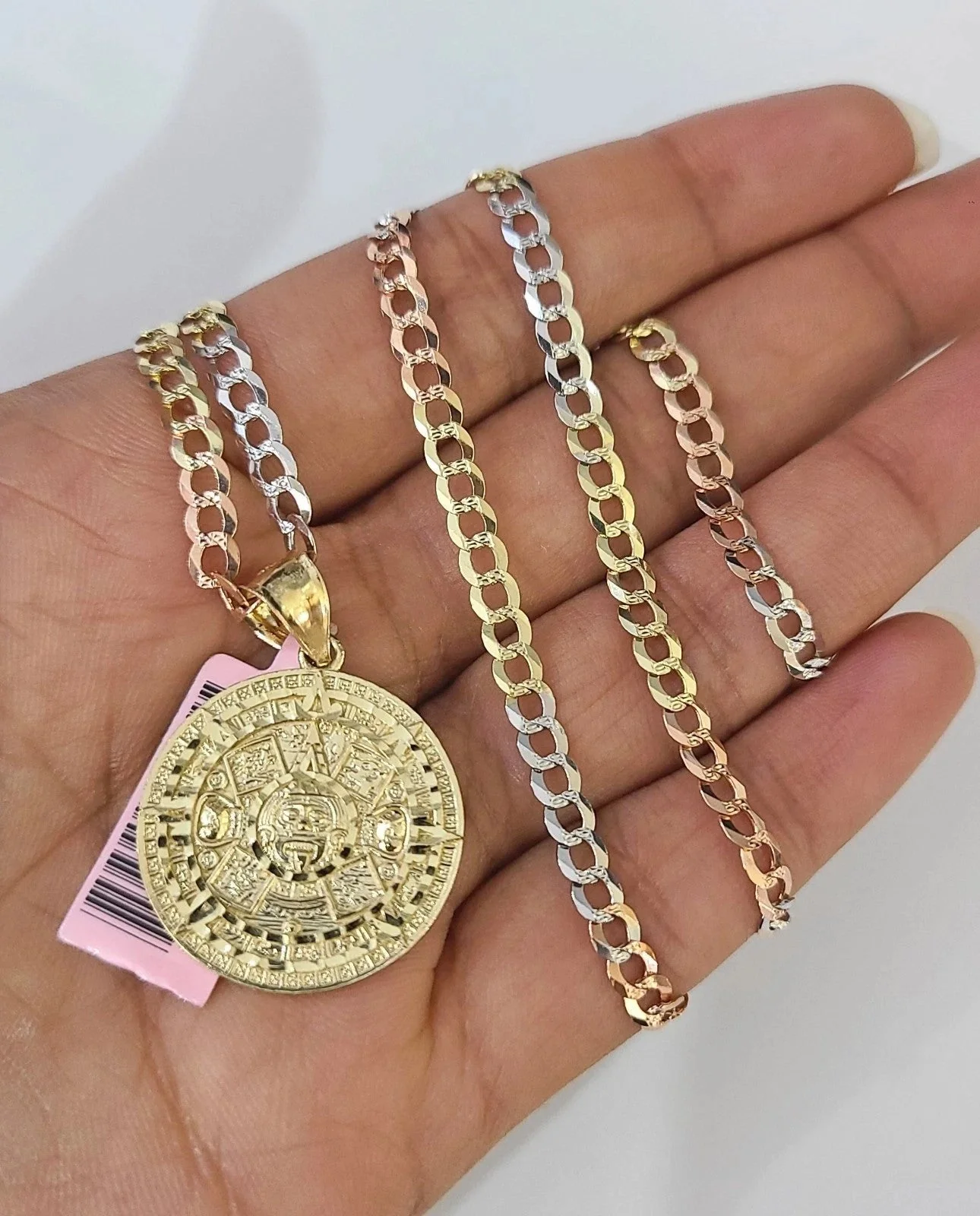 14k Chain Mayan Calendar Pendant Solid TriColor Cuban Curb 4mm 18"-28" Inch