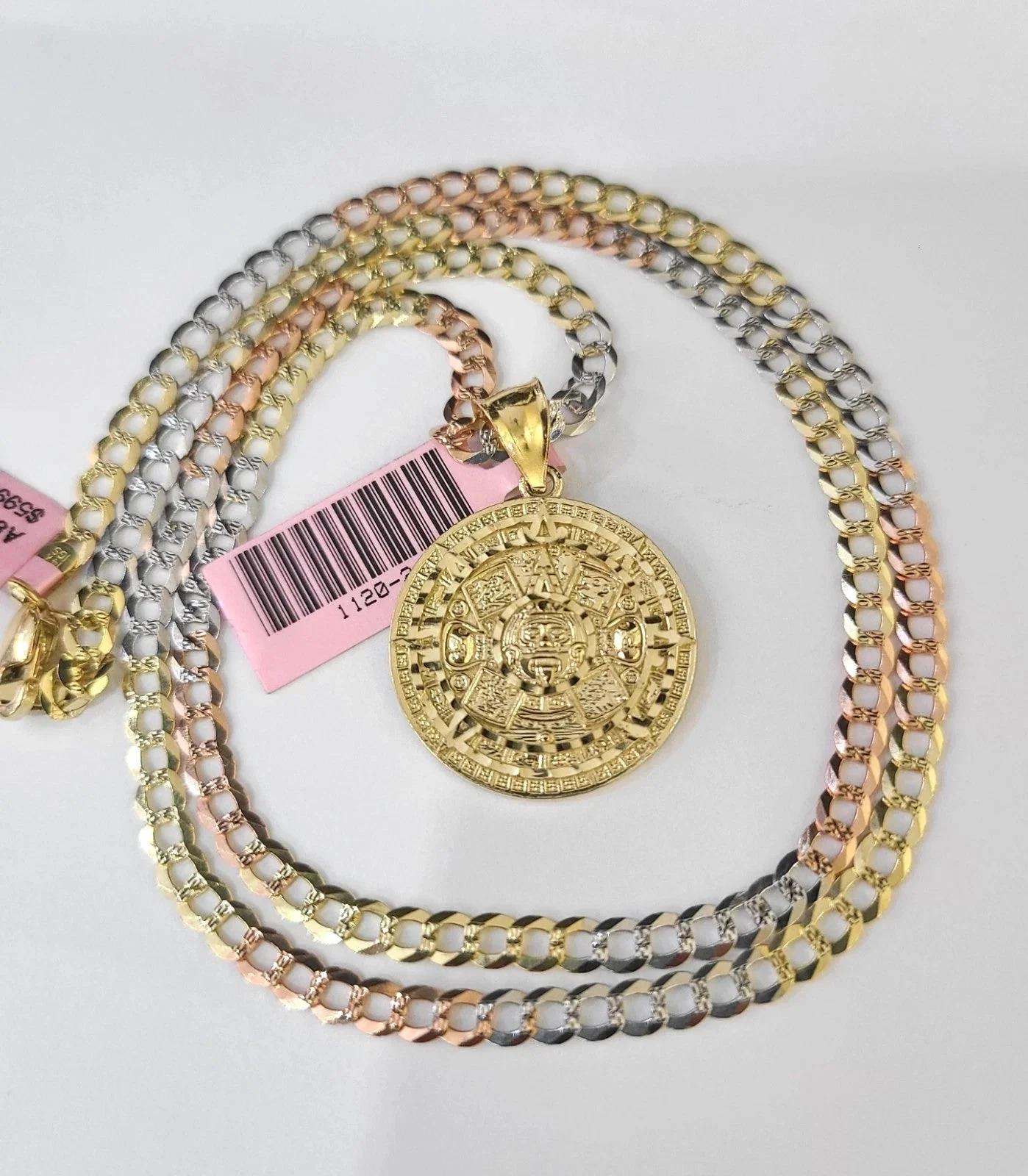 14k Chain Mayan Calendar Pendant Solid TriColor Cuban Curb 4mm 18"-28" Inch - Image 2
