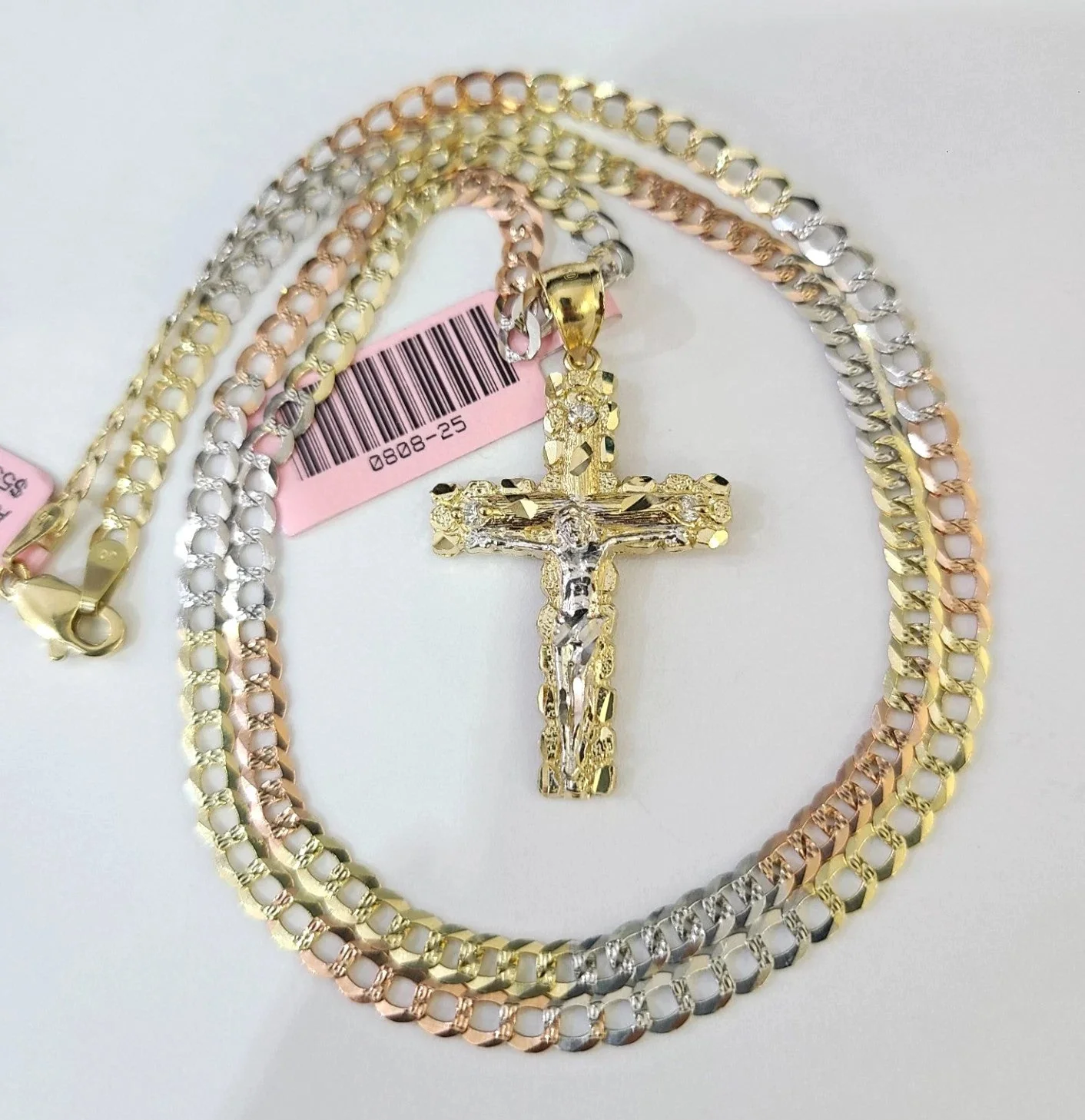 14k Chain Nugget Cross Pendant Charm Solid TriColor Cuban Curb 4mm 18"-28" Inch - Image 2