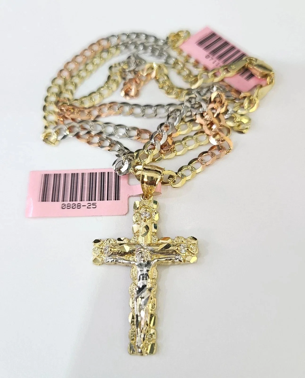 14k Chain Nugget Cross Pendant Charm Solid TriColor Cuban Curb 4mm 18"-28" Inch - Image 5
