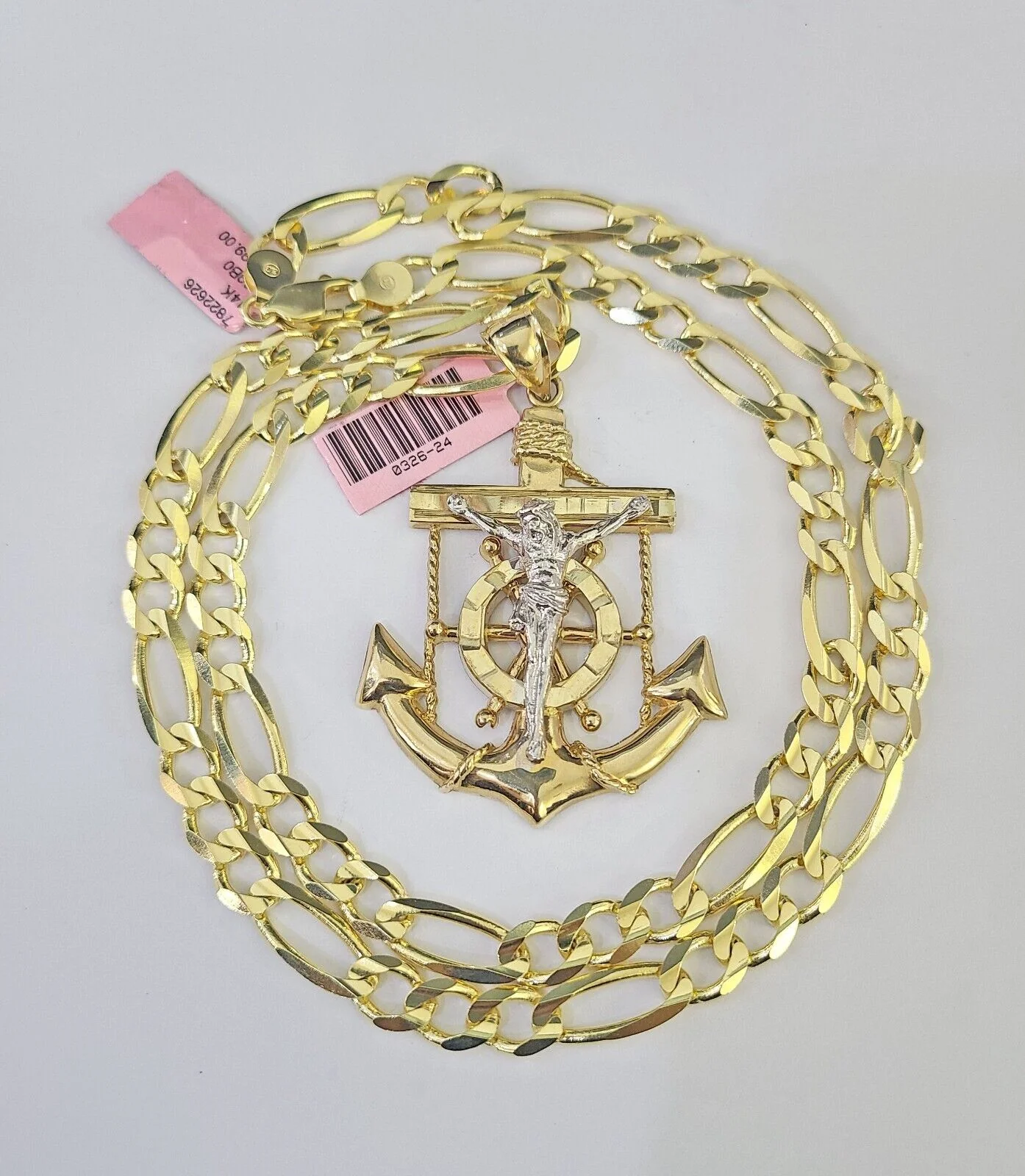 14k Figaro Chain Jesus Anchor Charm Pendant Gold 7mm 20-30 inch SET Necklace - Image 3