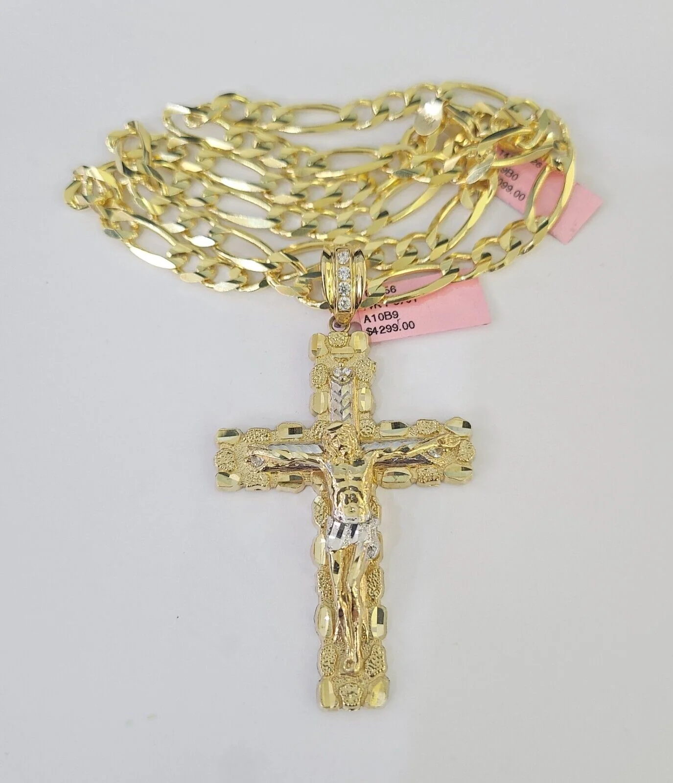 14k Figaro Chain Jesus Cross Charm Pendant Gold 7mm 20-30 inch SET Necklace - Image 4