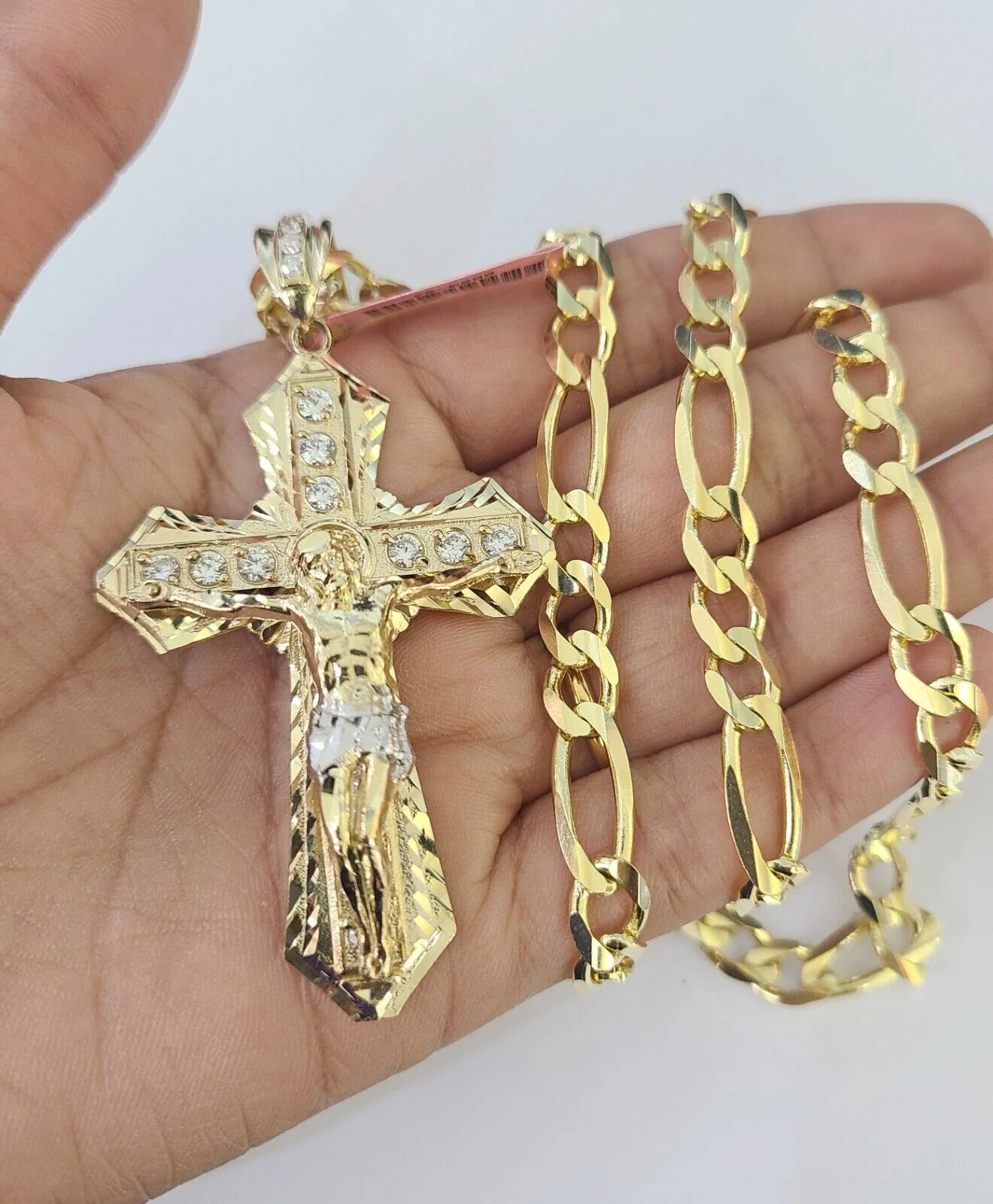 14k Figaro Chain Jesus Cross Charm Pendant Gold 7mm 20-30 inch SET Necklace - Image 3