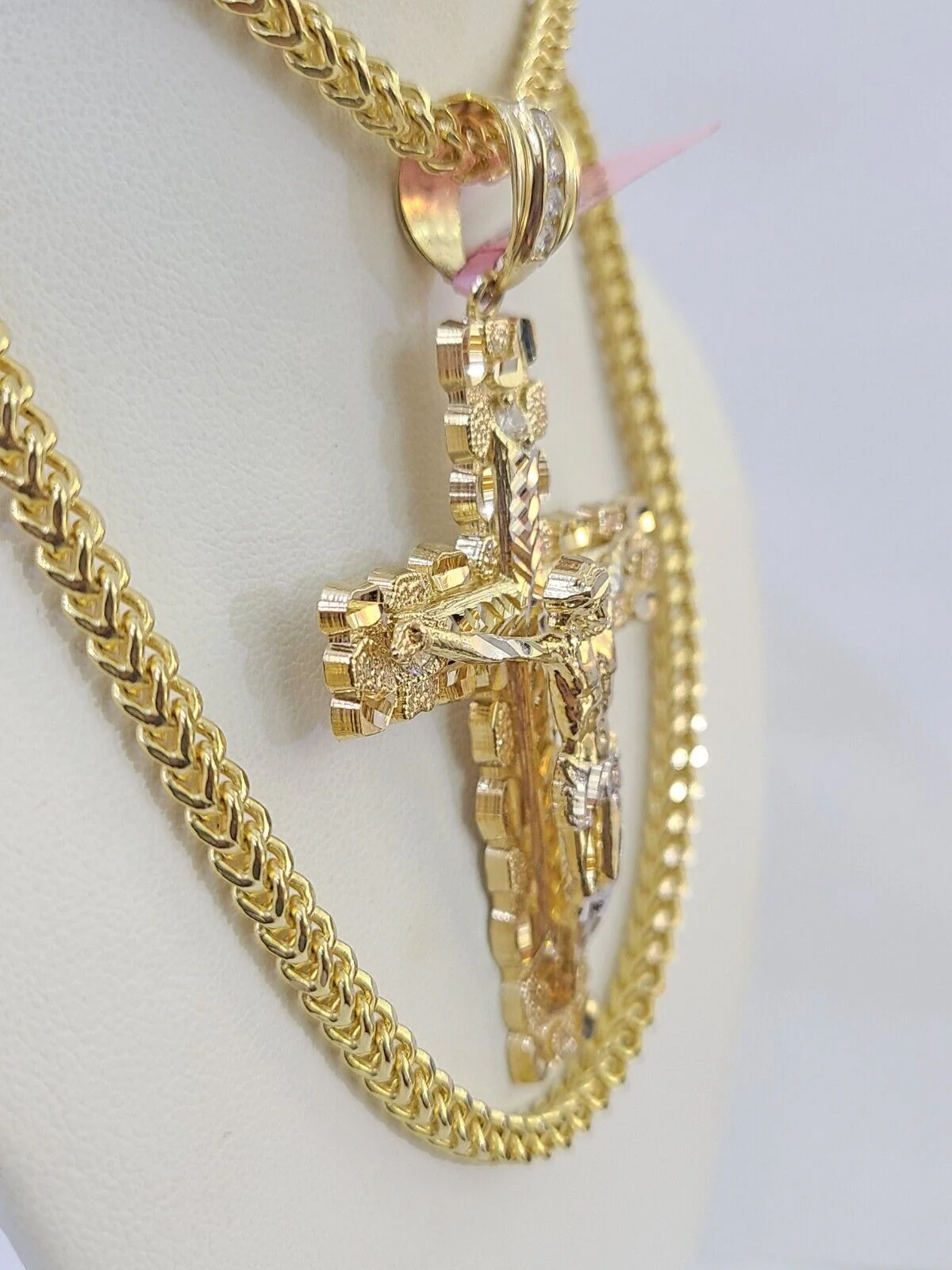 14K Franco Chain Jesus Nugget Cross Pendant Charm Necklace 20"-26" 4mm Gold - Image 4
