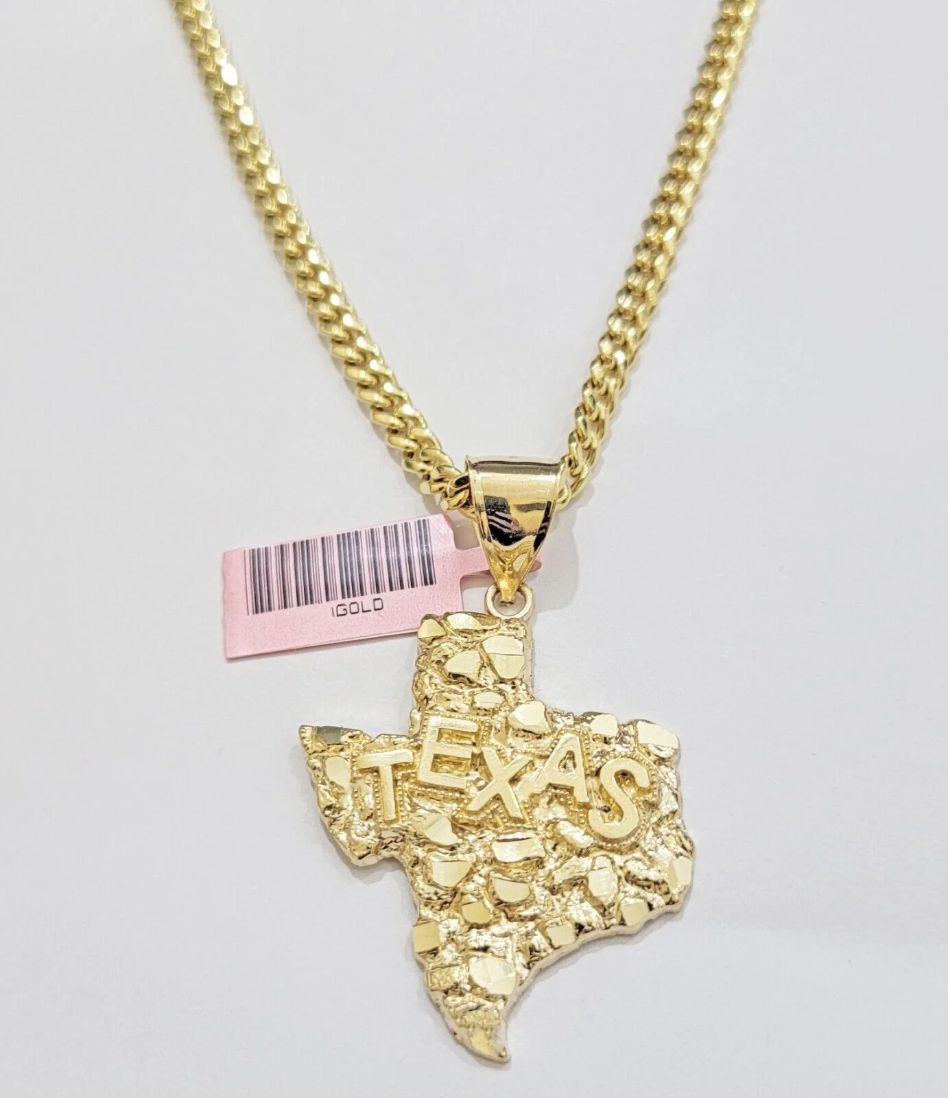 14k Gold Chain & Charm Nugget Texas map pendant Cuban Link Necklace 26 Inch 5mm