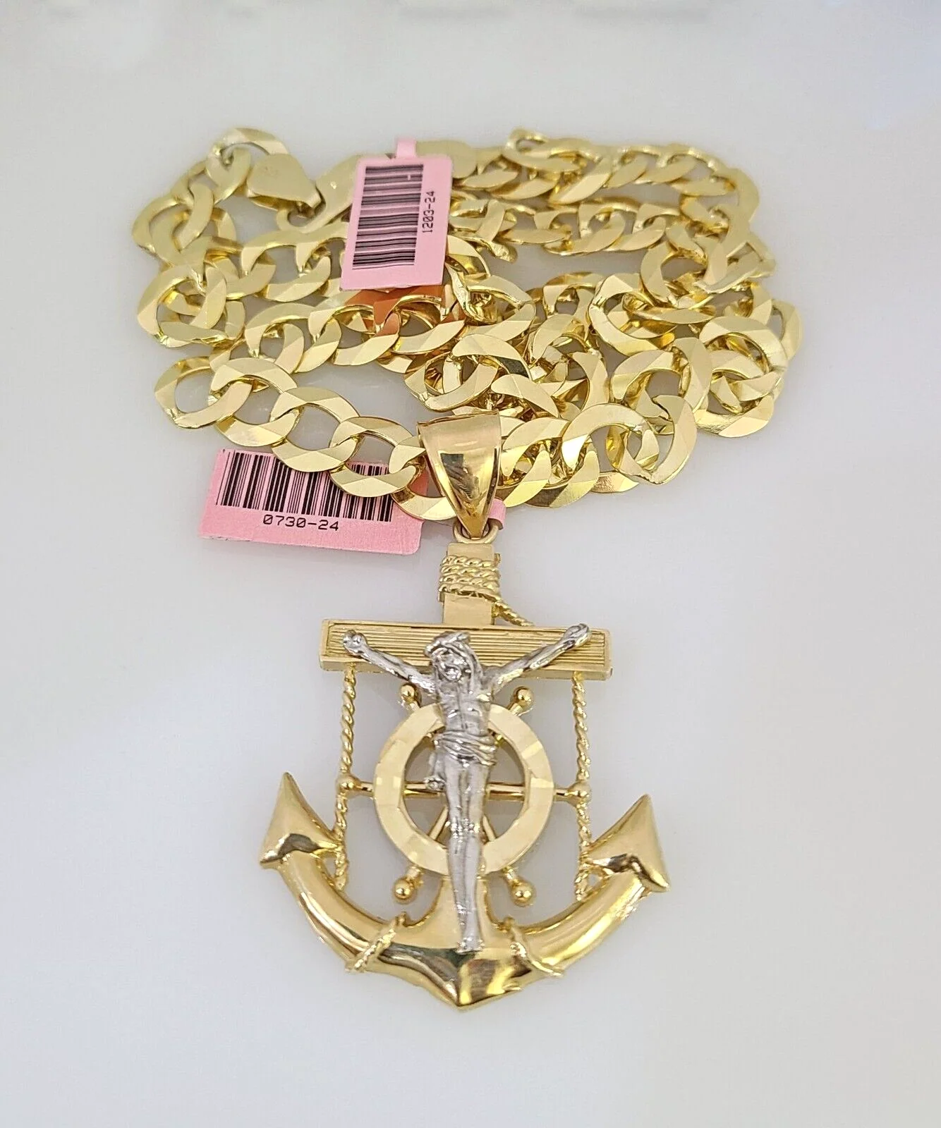 14k Gold Chain Jesus Anchor Charm Solid Cuban Curb 10mm 20"-30" SET Necklace - Image 5