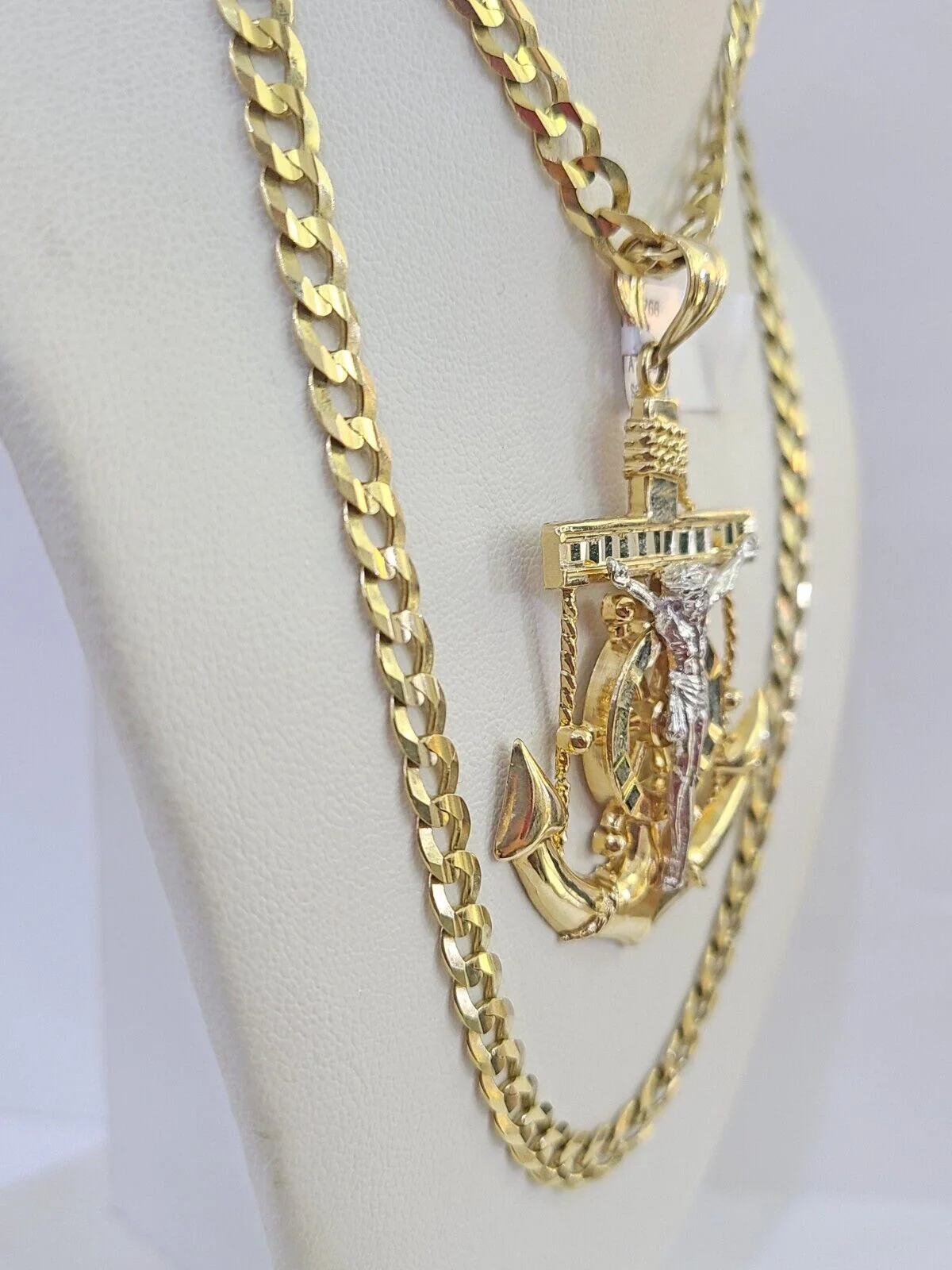 14k Gold Chain Jesus Anchor Charm Solid Cuban Curb 5mm 20"-26" Inch SET Necklace - Image 4