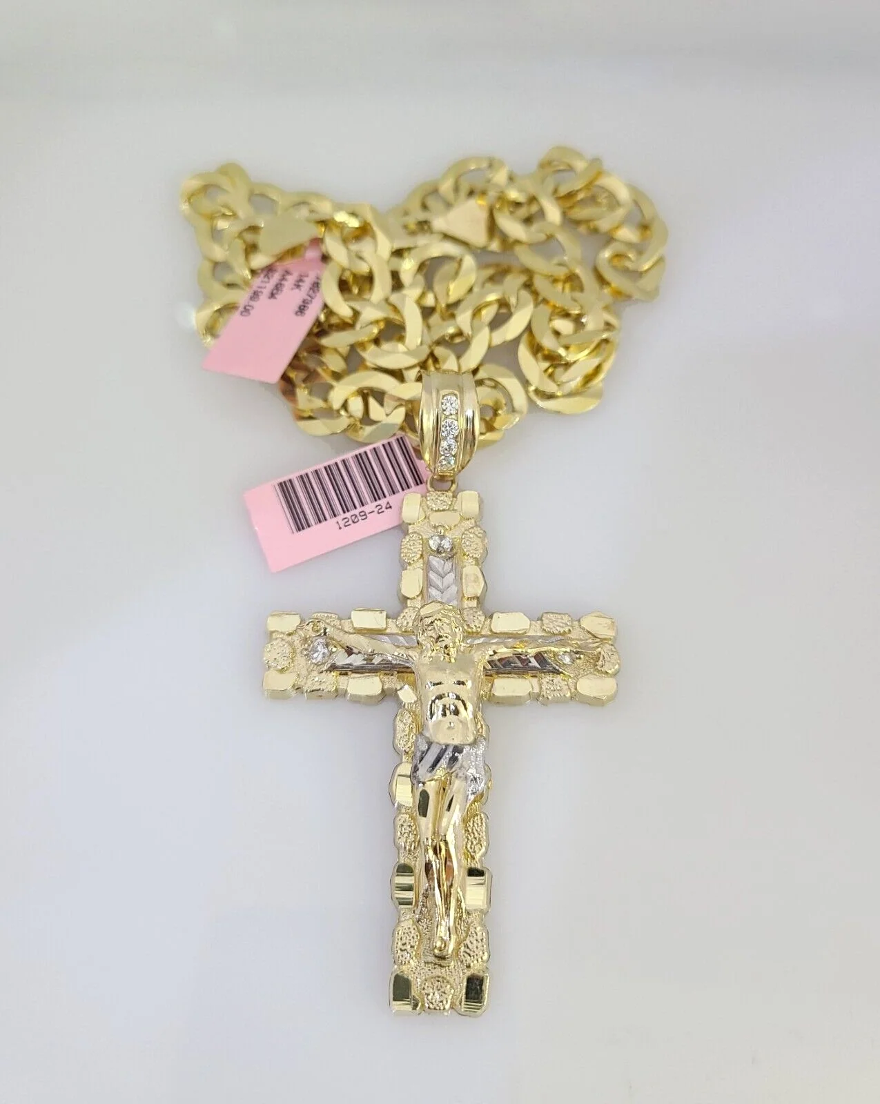 14k Gold Chain Jesus Cross Charm Solid Cuban Curb 10mm 20"-30" SET Necklace - Image 3