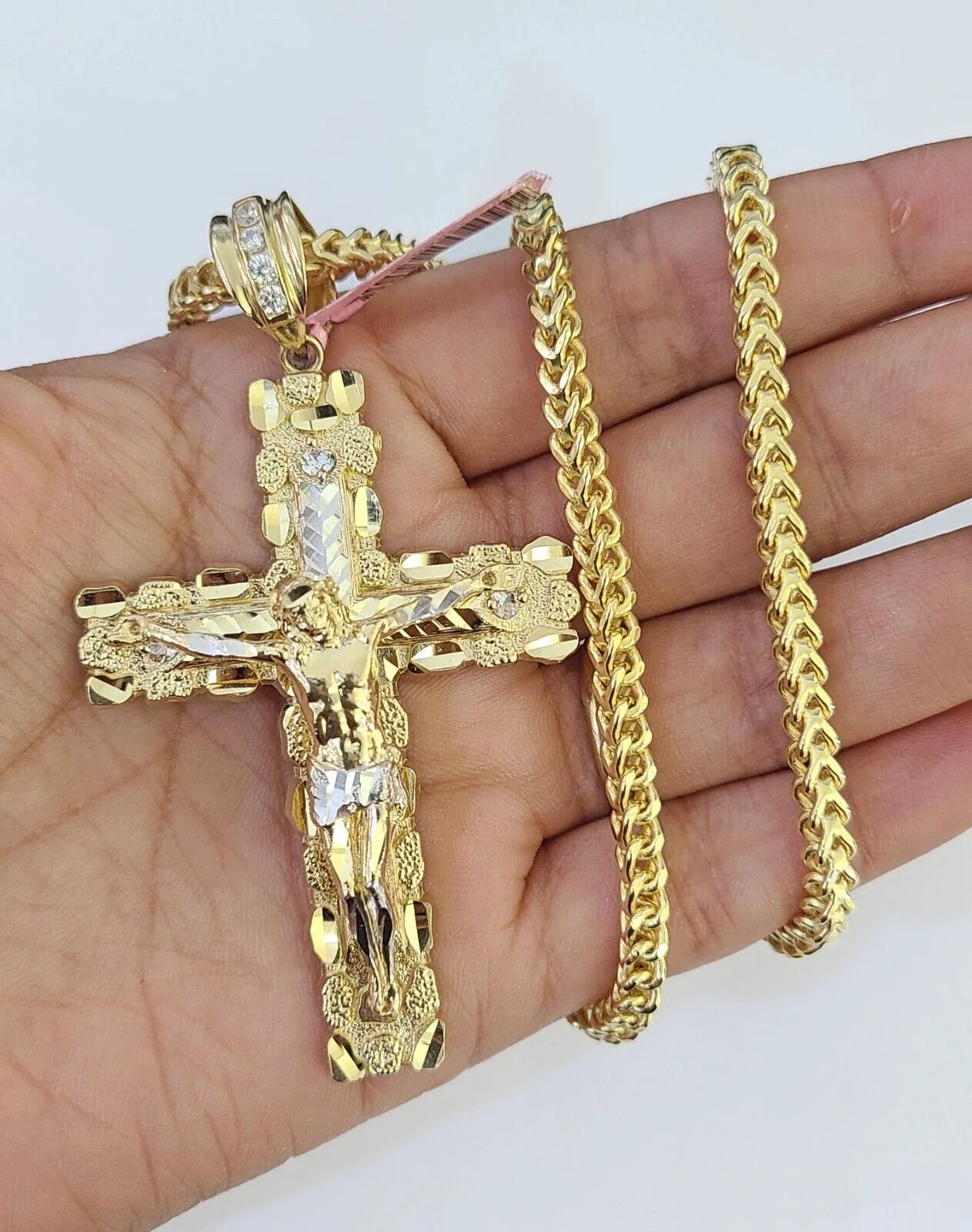 14k Gold Chain Jesus Cross Charm Solid Cuban Curb 5mm 20"-26" Inch SET Necklace - Image 2