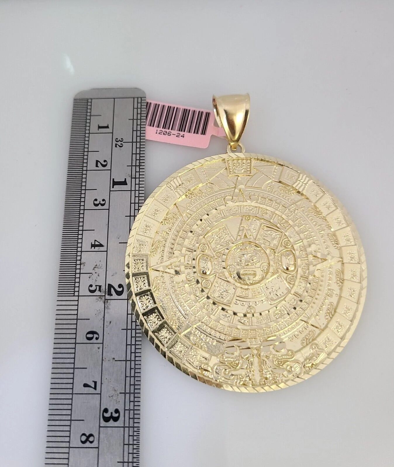 14k Gold Chain Mayan Calendar Charm Solid Cuban Curb 10mm 20"-30" SET Necklace - Image 3