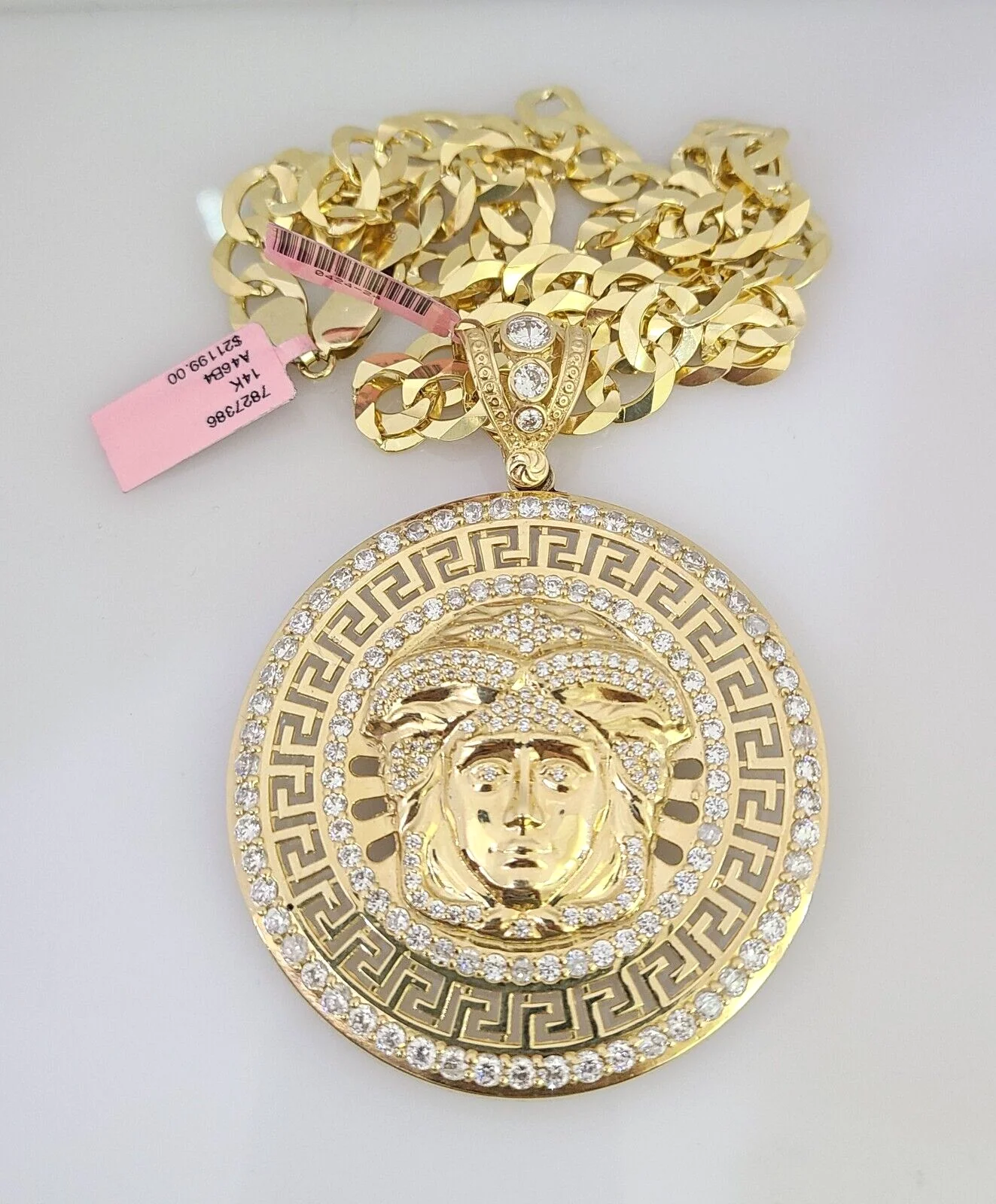14k Gold Chain Medusa Head Charm Solid Cuban Curb 10mm 20"-30" SET Necklace