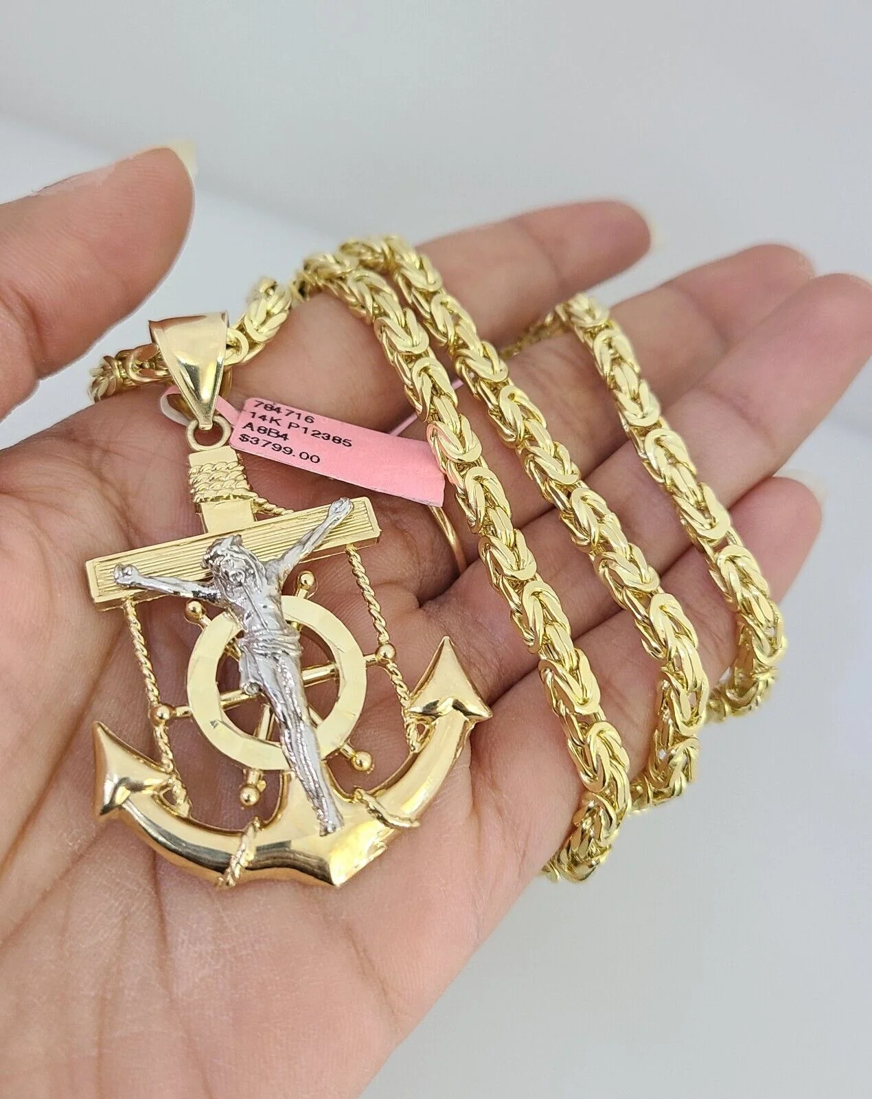 14K Gold Necklace Chain Jesus Anchor Charm Turkish Byzantine 4mm 24" Pendant - Image 2