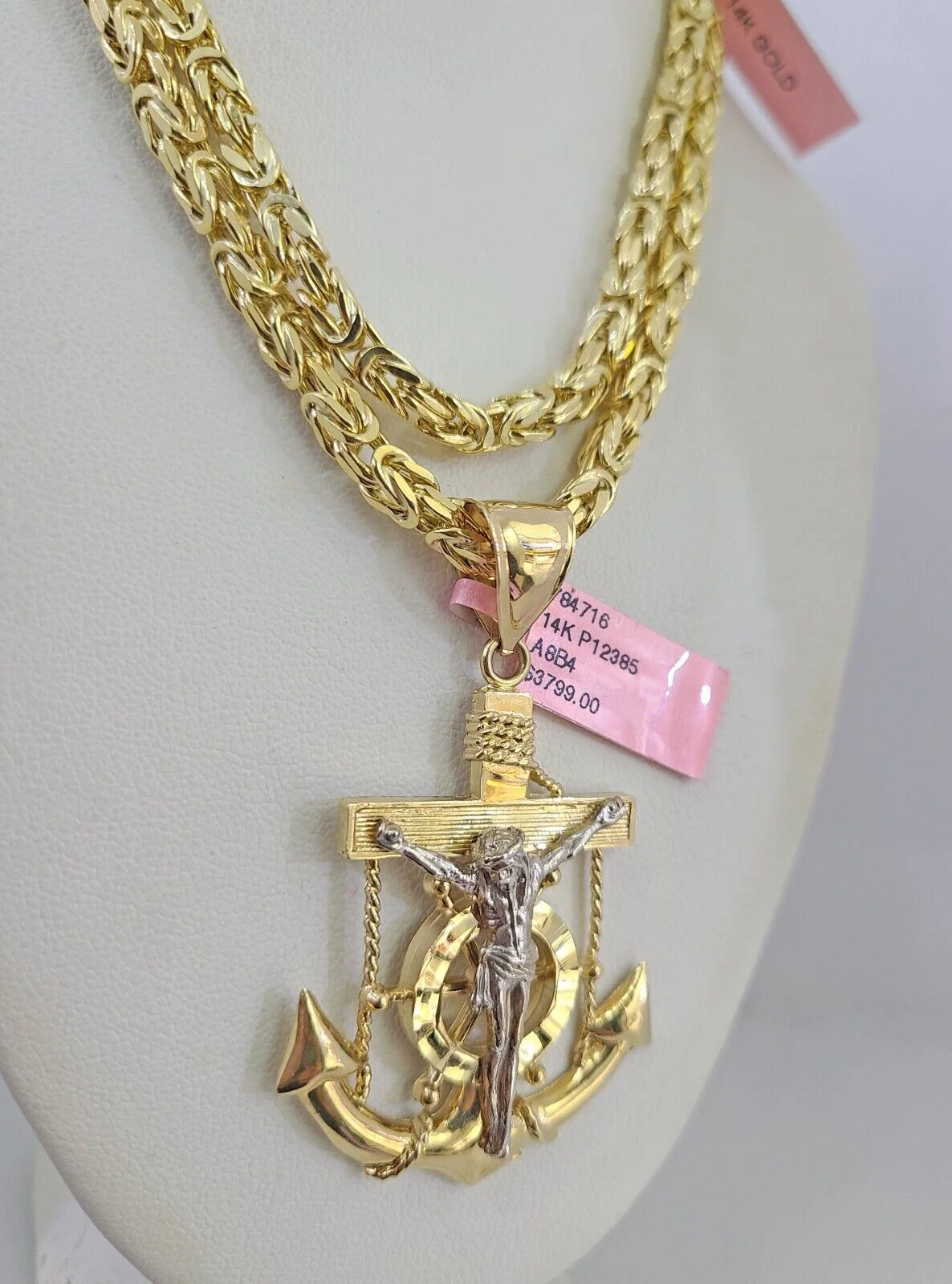 14K Gold Necklace Chain Jesus Anchor Charm Turkish Byzantine 4mm 24" Pendant - Image 4