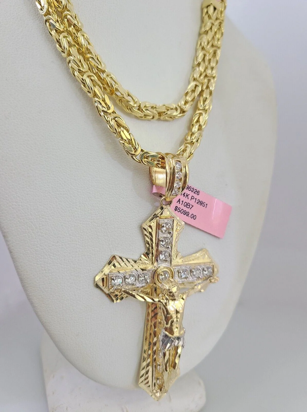 14K Gold Necklace Chain Jesus Crucifix Cross Charm Turkish Byzantine 4mm 24" - Image 6