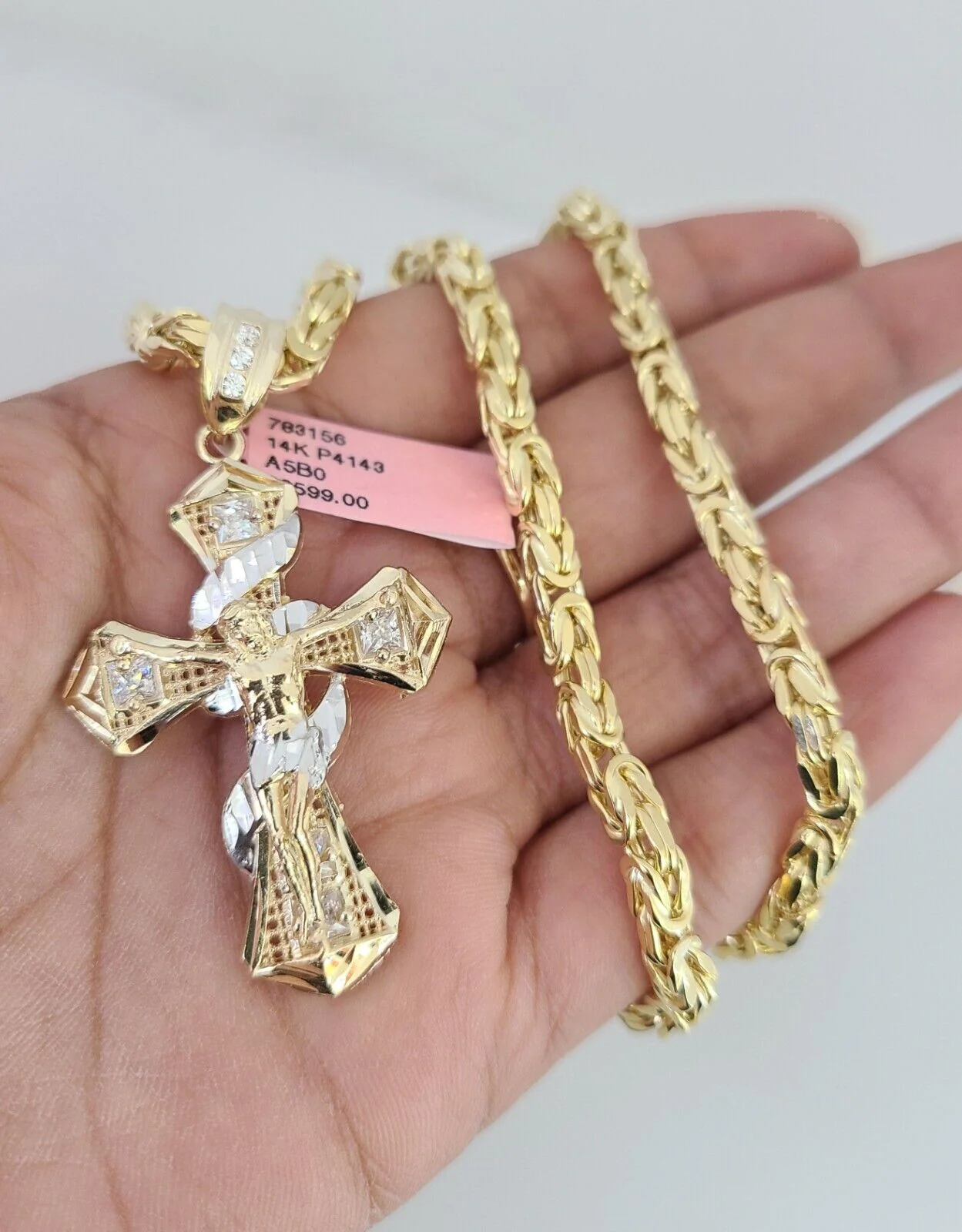 14K Gold Necklace Chain Jesus Spiral Cross Charm Turkish Byzantine 4mm 24" - Image 2