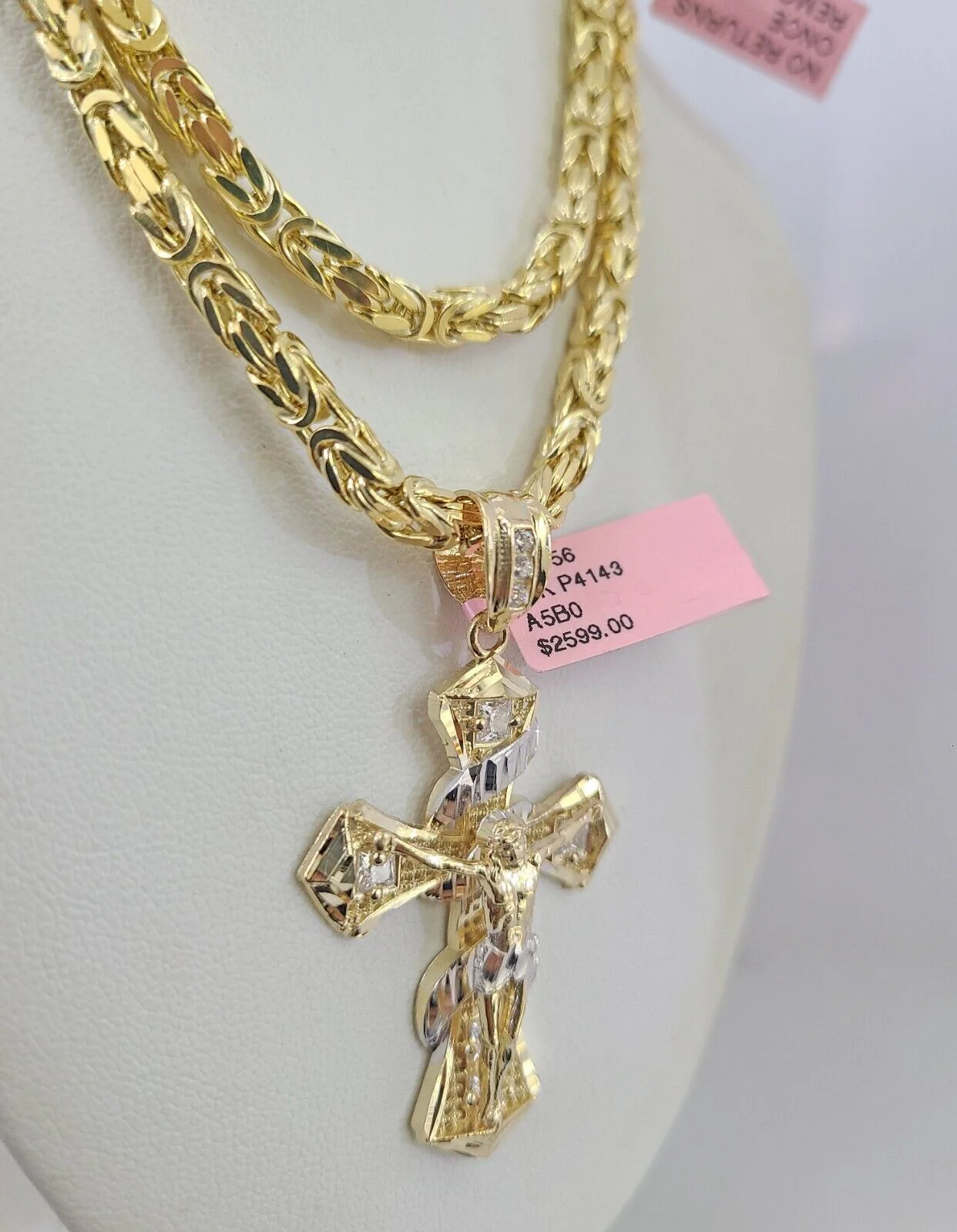 14K Gold Necklace Chain Jesus Spiral Cross Charm Turkish Byzantine 4mm 24" - Image 3