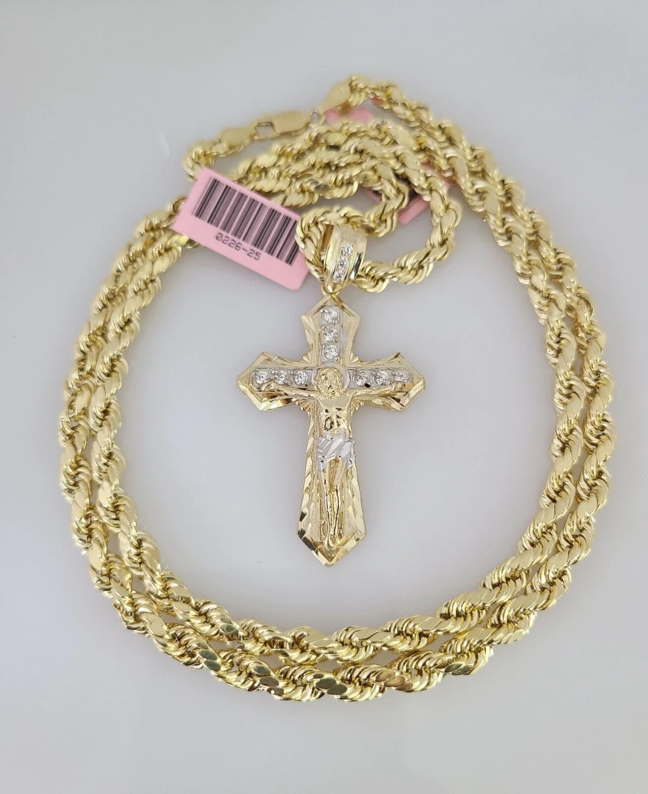 14k Gold Rope Chain Necklace Jesus Cross Charm Pendant Set 18"-28" inch 6mm - Image 2