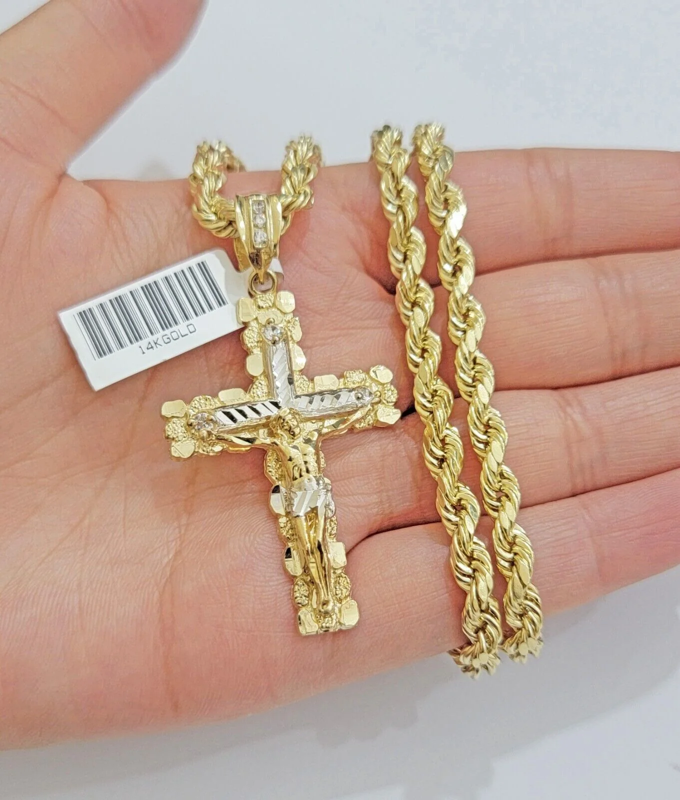 14k Gold Rope Chain Necklace Jesus Cross Charm Pendant Set 20-28" inch 5mm, REAL - Image 3