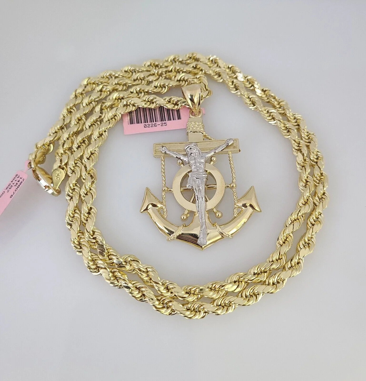 14k Gold Rope Chain Necklace Set 6mm Jesus Anchor Charm Pendant 18"-28" inch