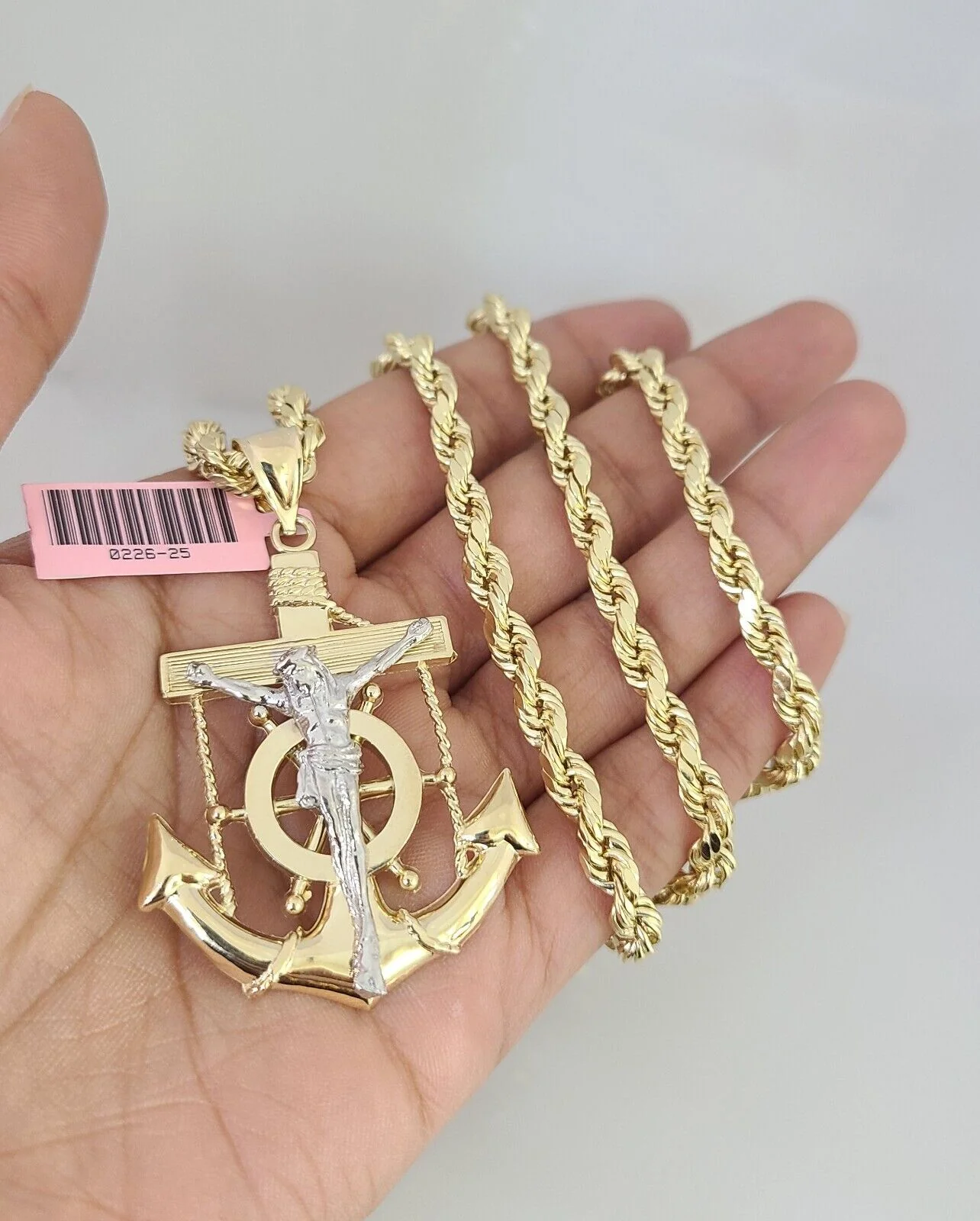 14k Gold Rope Chain Necklace Set 6mm Jesus Anchor Charm Pendant 18"-28" inch - Image 2